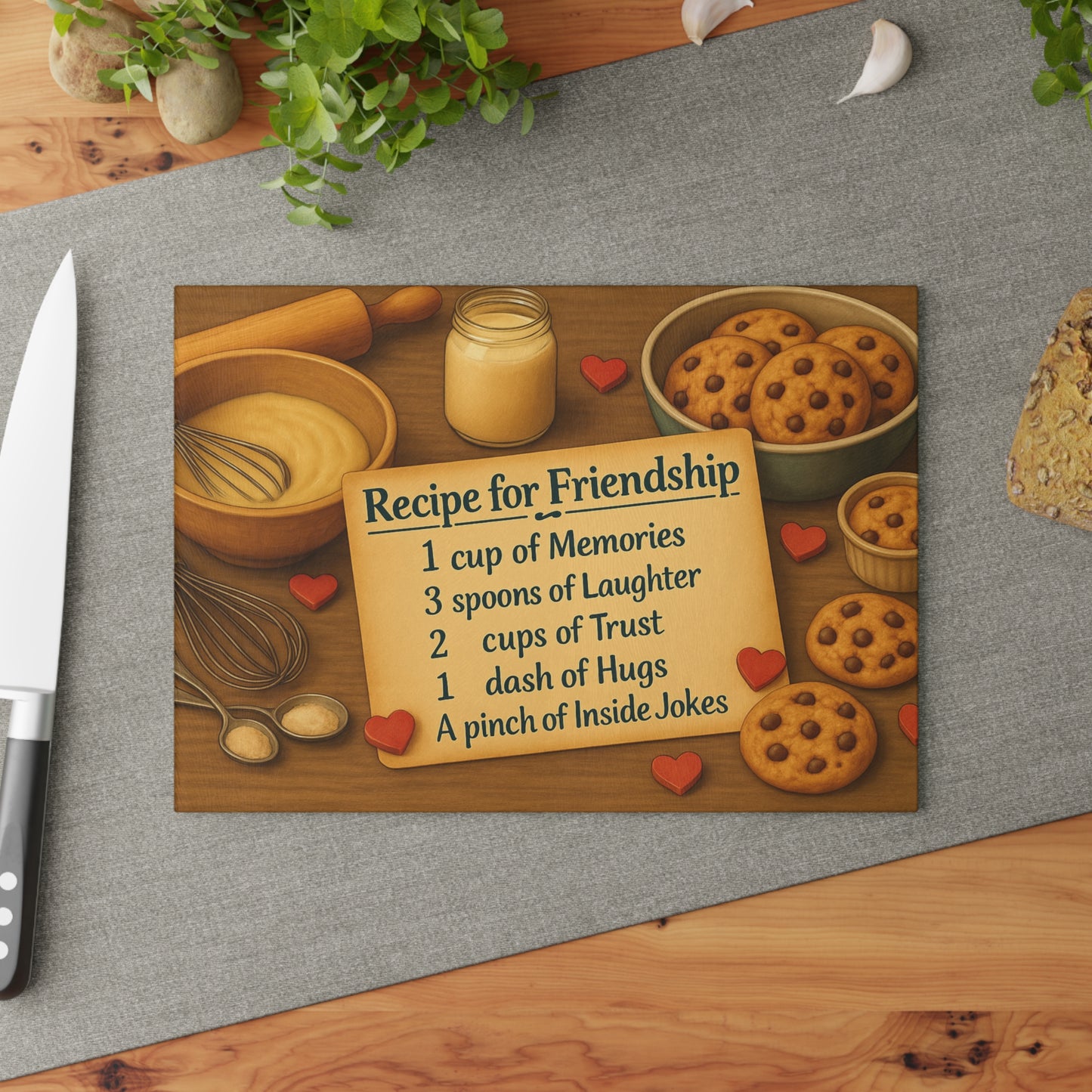 Recipe for Friendship Glass Cutting Board, Kitchen Decor, Gift for Friends, Cooking Gift, Heartwarming Kitchen Item, Unique Kitchen