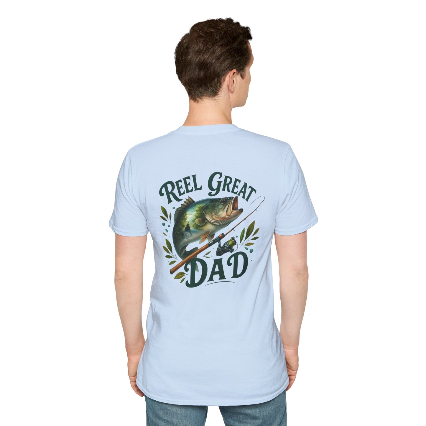 Close-up of Reel Great Dad shirt with vintage-style fishing pole illustration