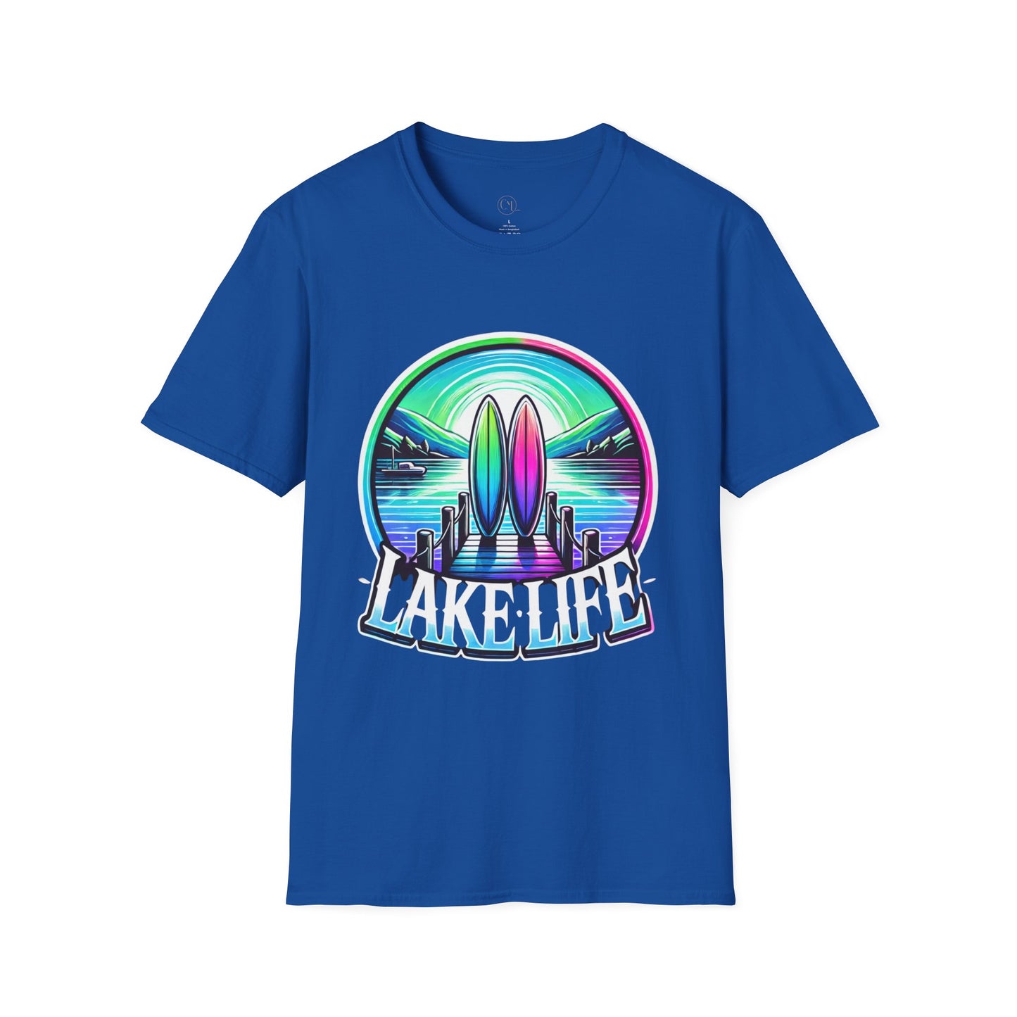 Blue Lake Life shirt with surfboards and dock in vibrant colors