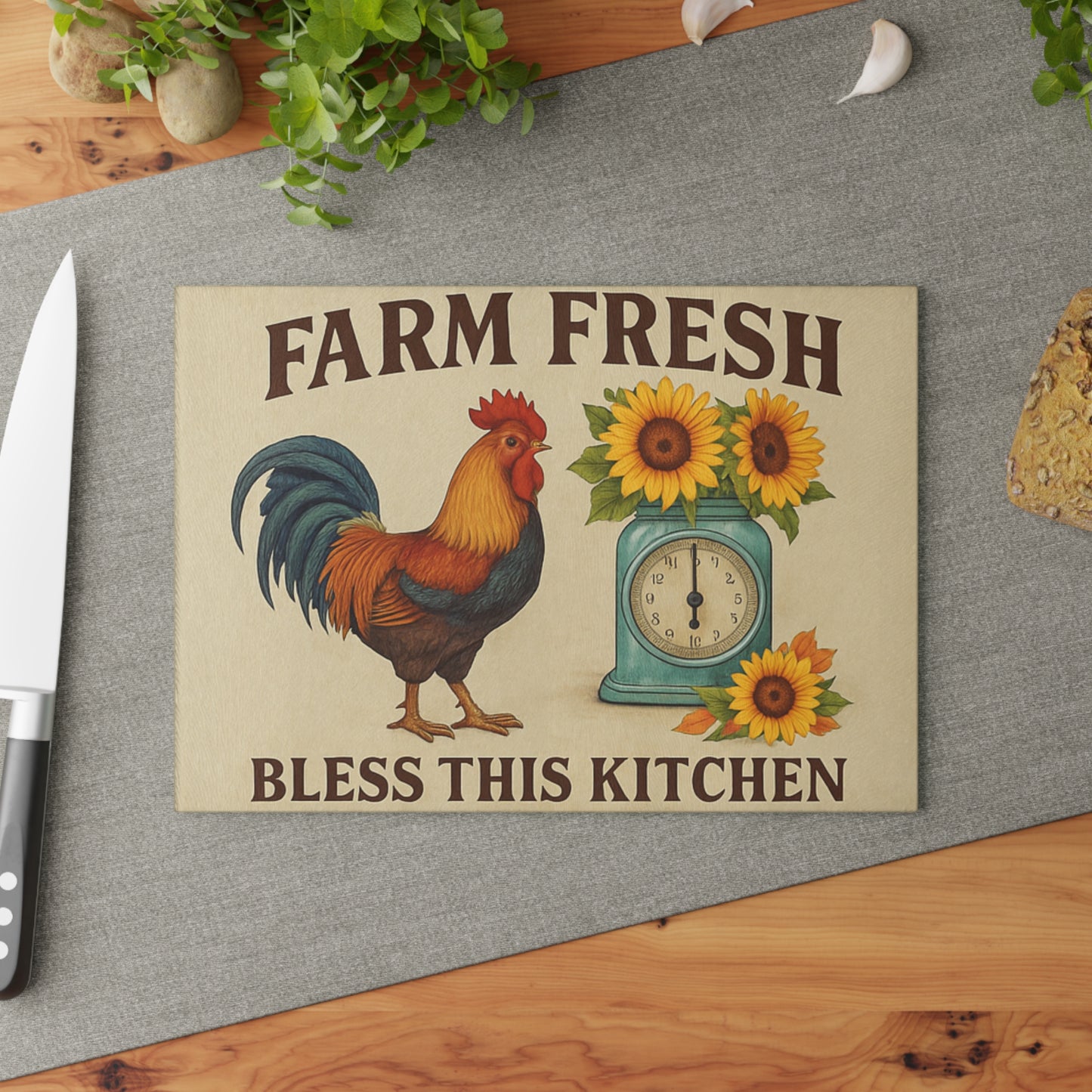 Tempered glass cutting board with kitchen quote and illustrated utensils