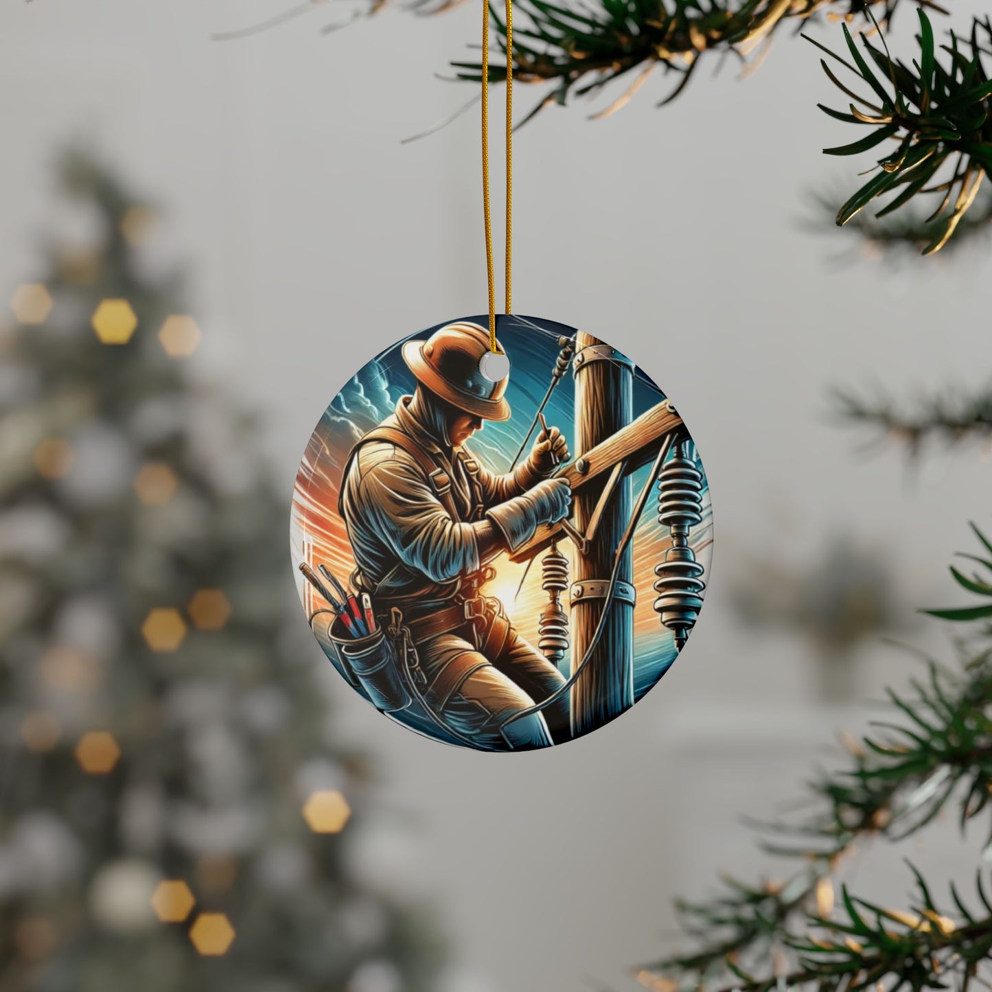 Custom Christmas ornament hanging on pine tree branch with twinkling lights