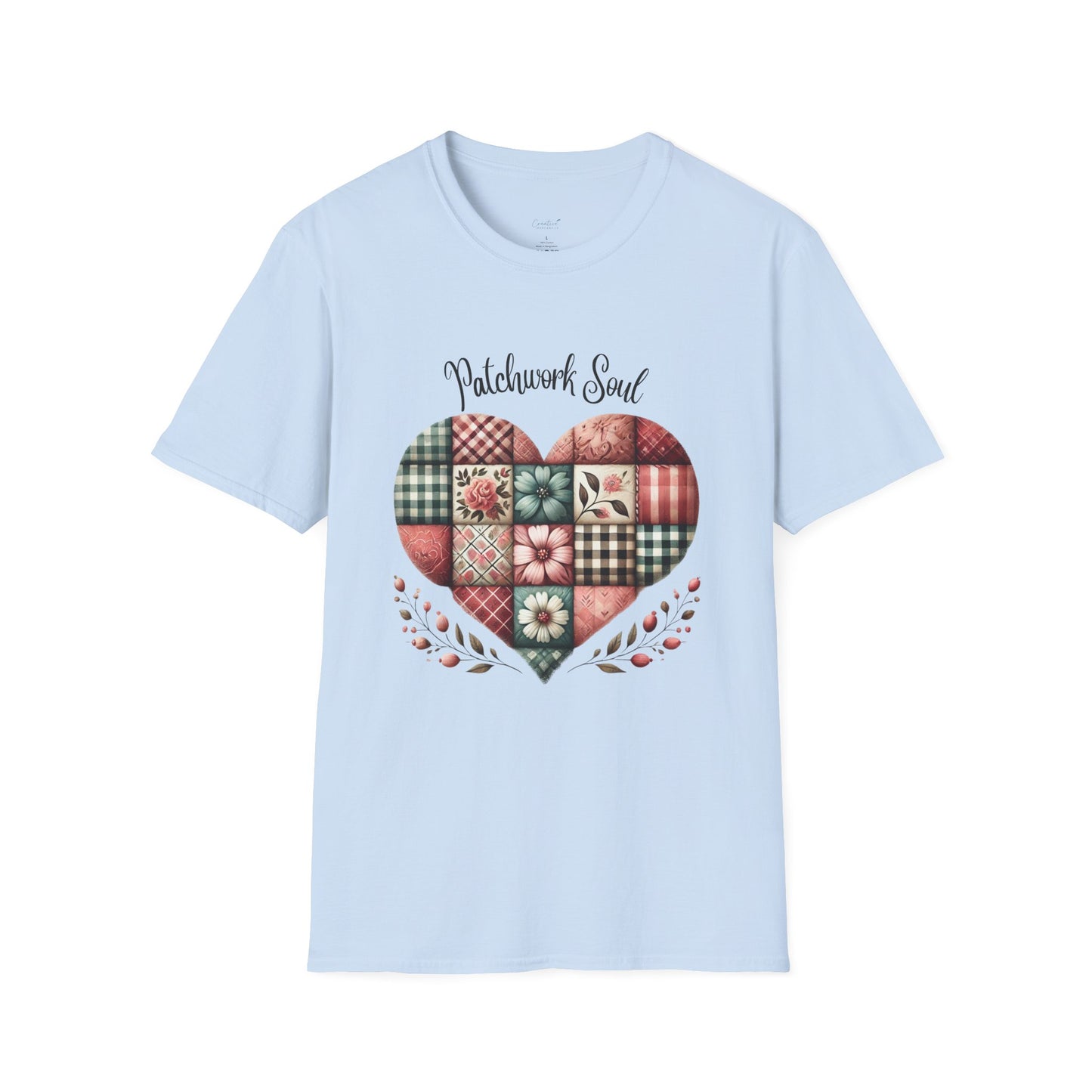 Patchwork Soul T-shirt with colorful stitched heart graphic