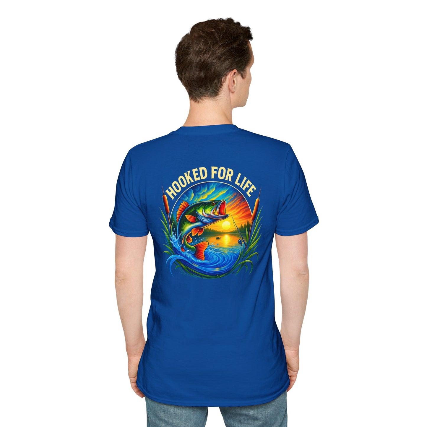 Man wearing blue hooked for life fishing shirt with jeans