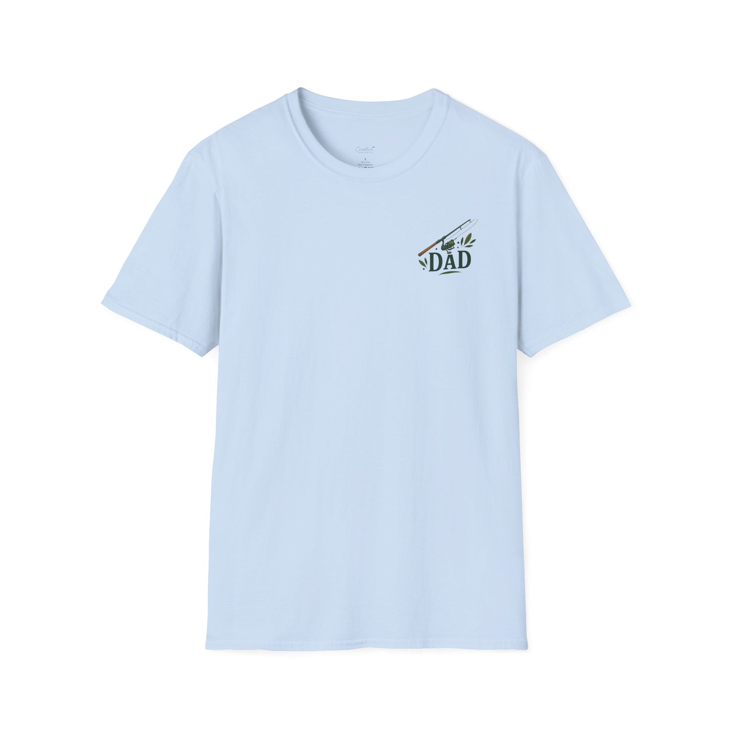 Close-up of Reel Great Dad shirt with vintage-style fishing pole illustration