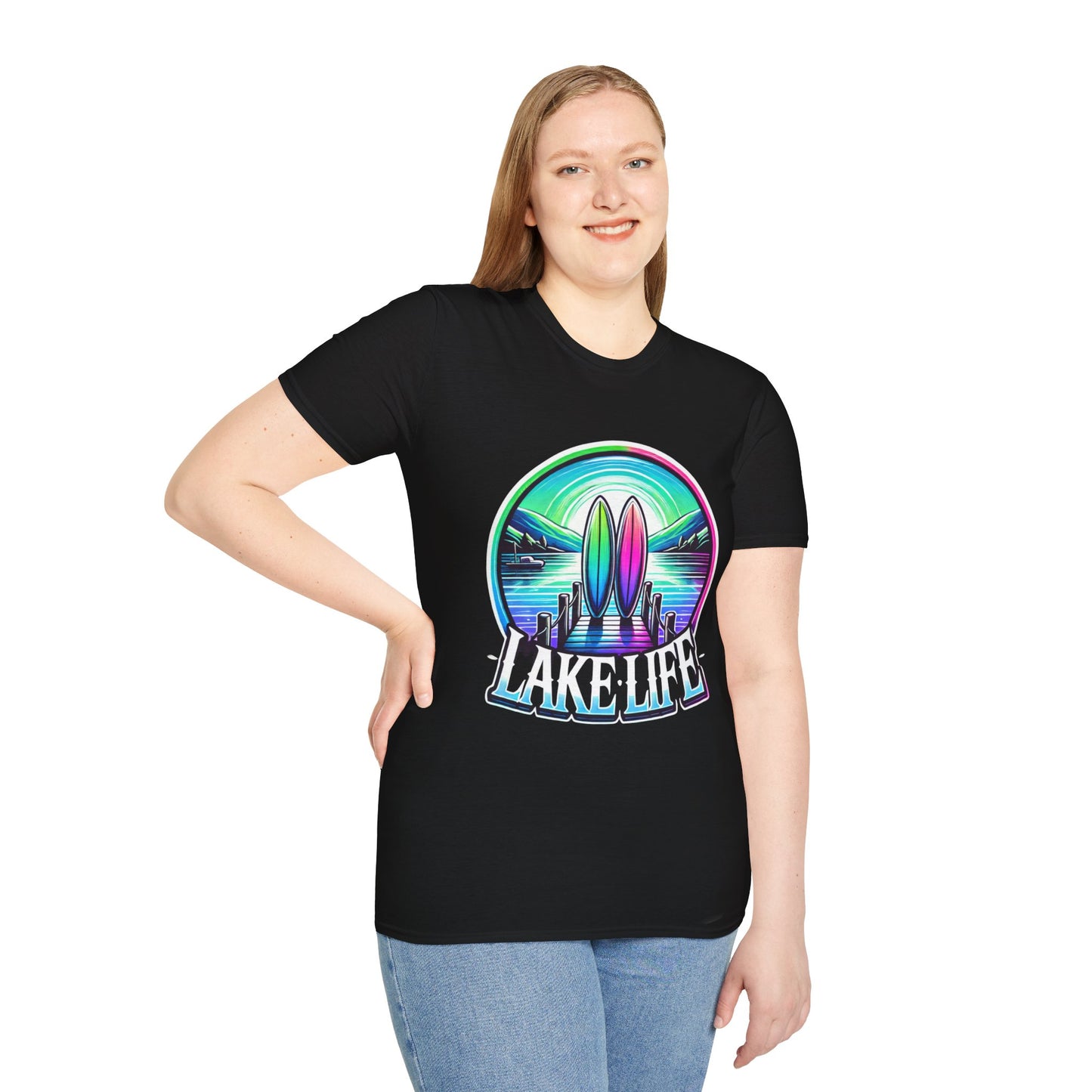 Woman wearing graphic tee with Lake Life design in vibrant colors