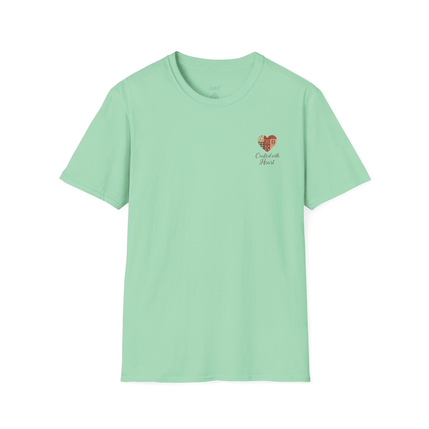 Patchwork Soul T-shirt with colorful stitched heart graphic