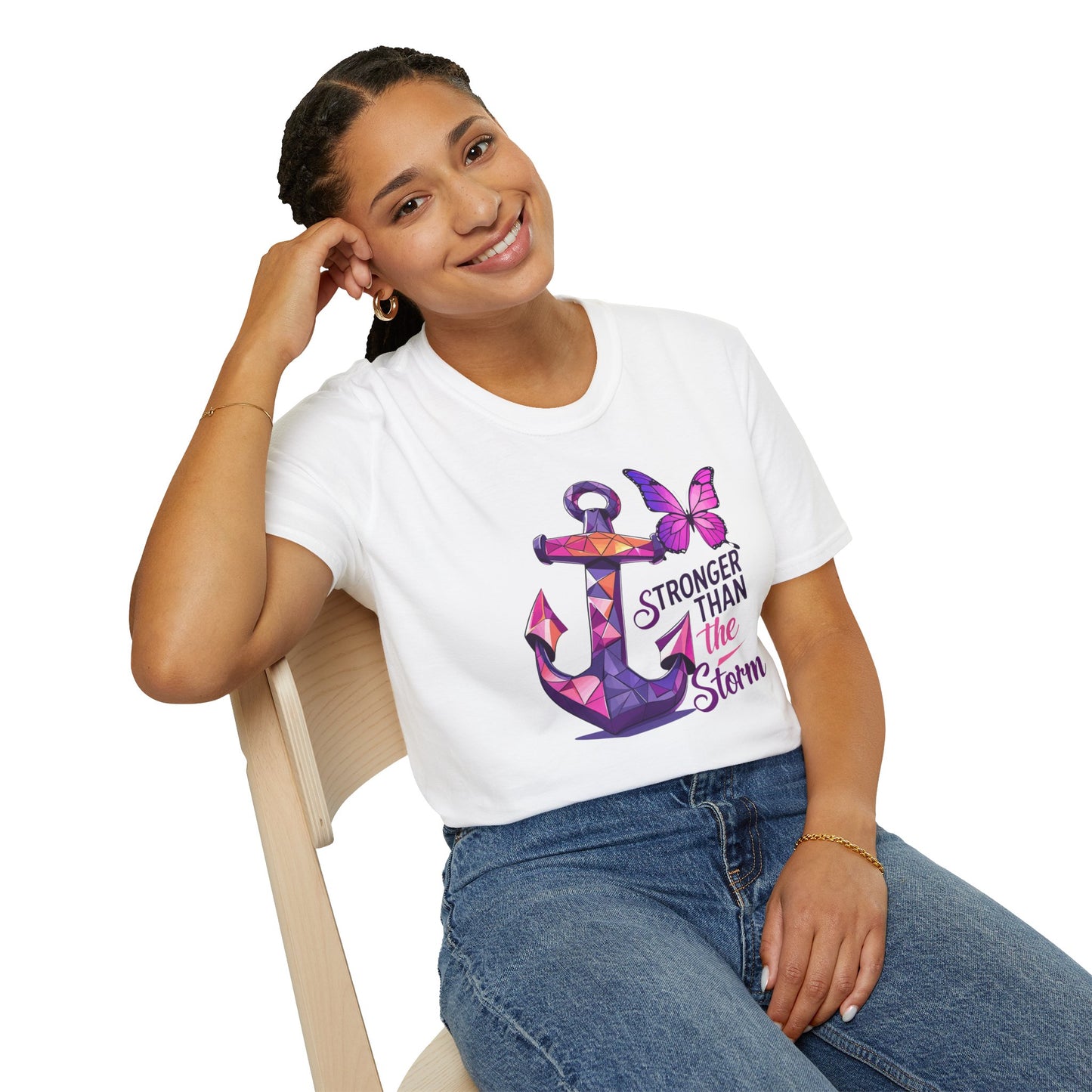 Close up of Stronger Than The Storm Cancer Awareness shirt with anchor and butterfly