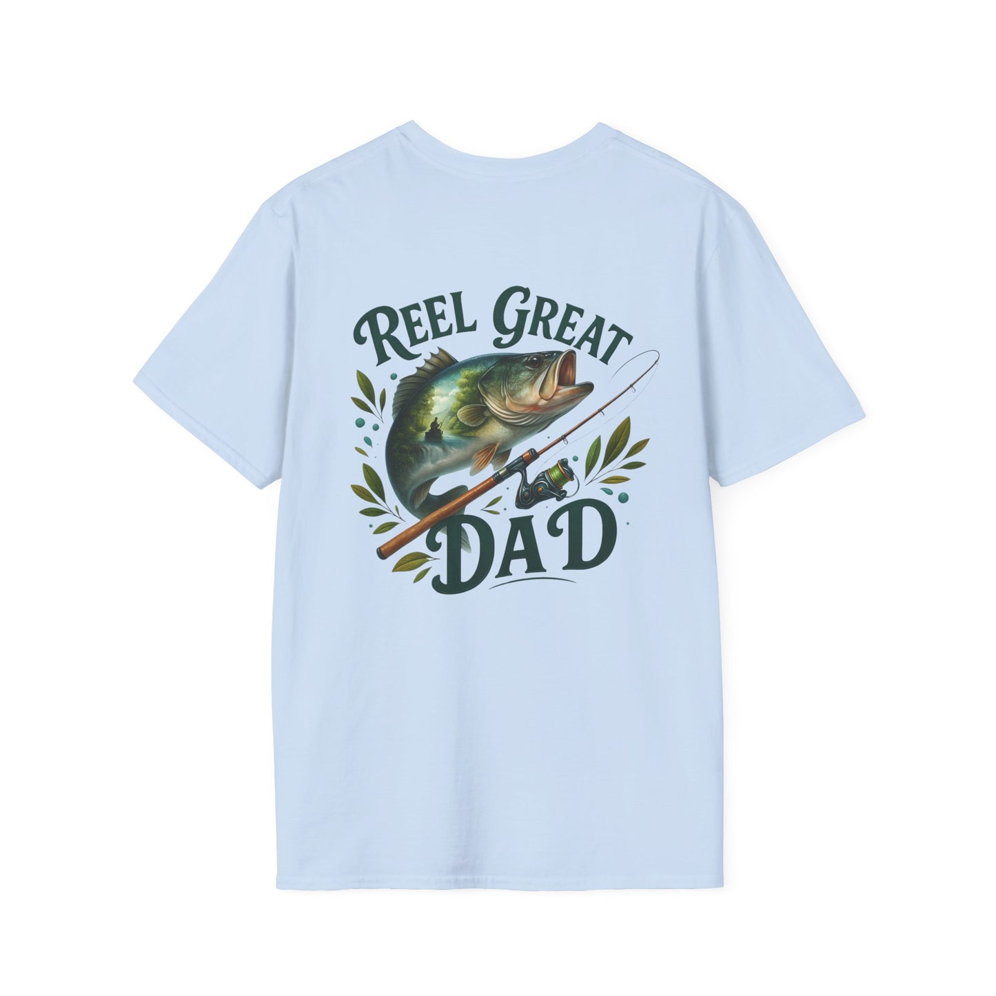Close-up of Reel Great Dad shirt with vintage-style fishing pole illustration