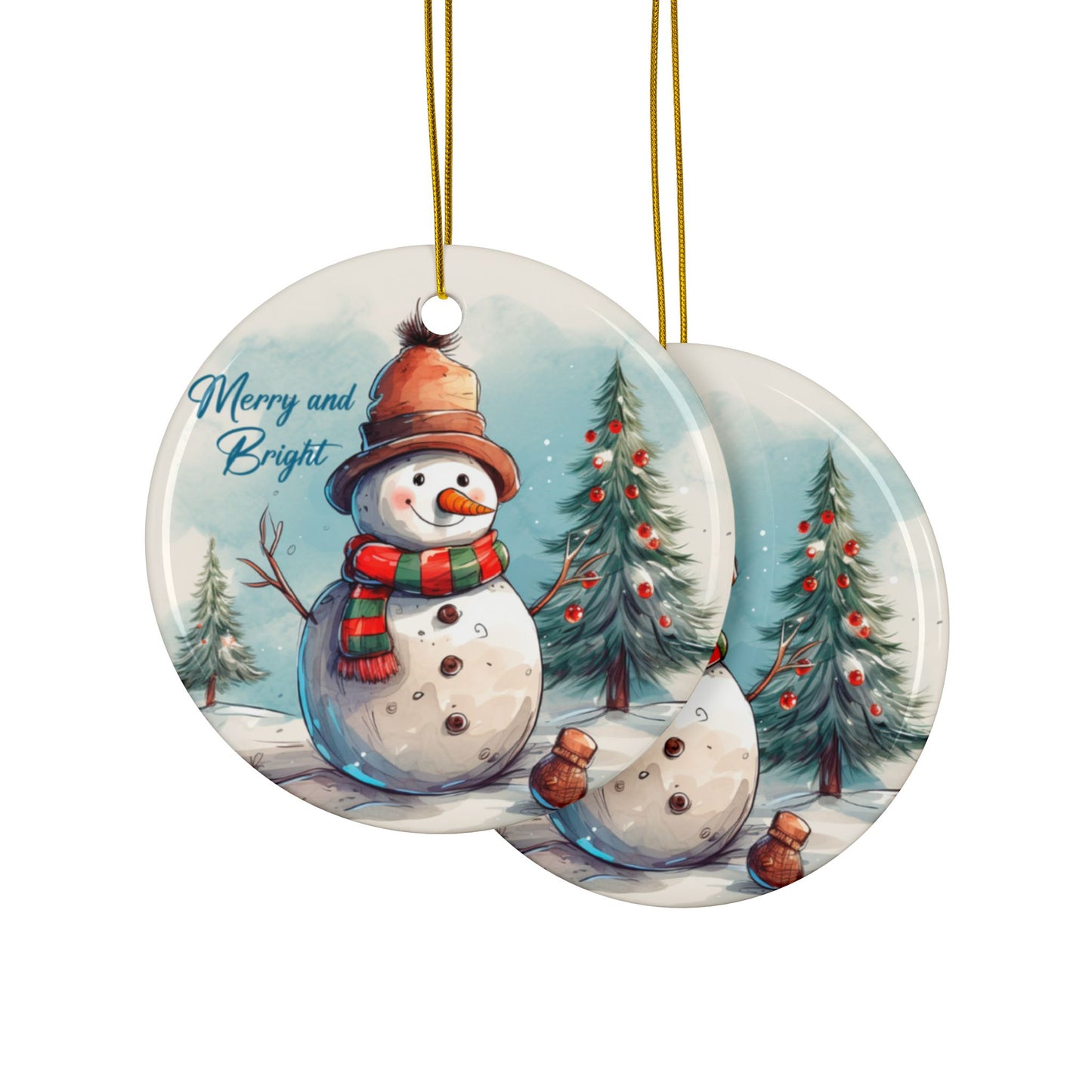 Front and back ceramic snowman ornament