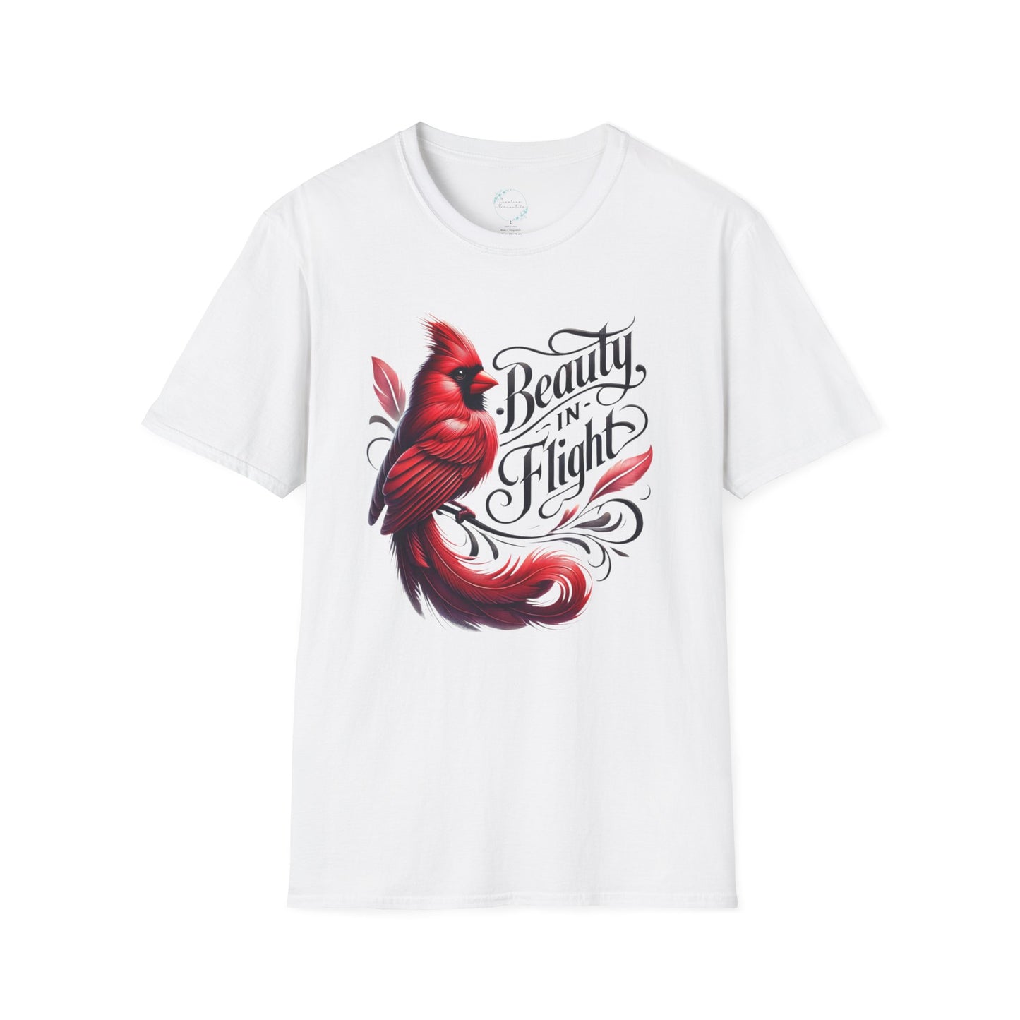 Beauty in Flight cardinal T-shirt with red bird and floral design