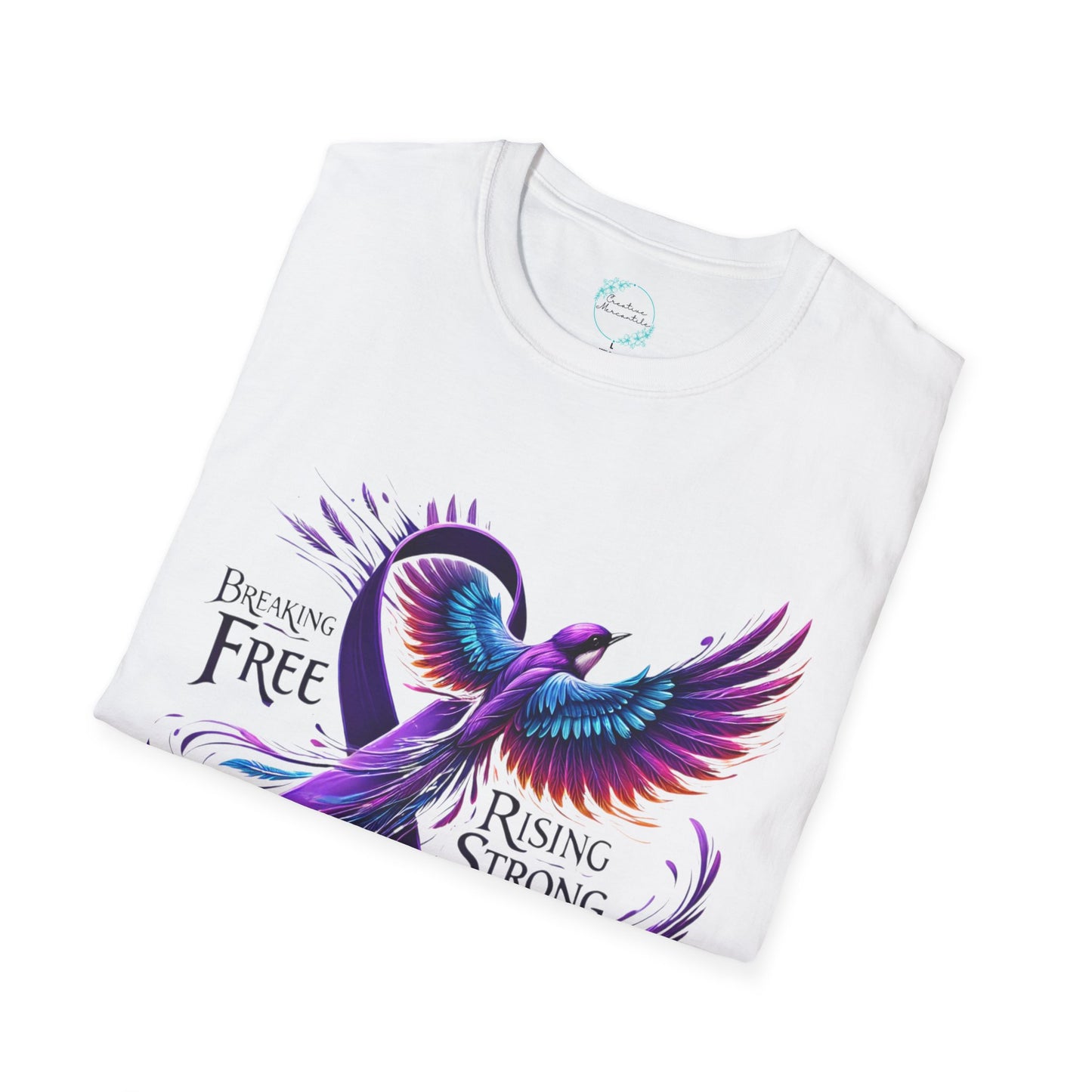 Close up of Awareness bird and script design on a white t-shirt