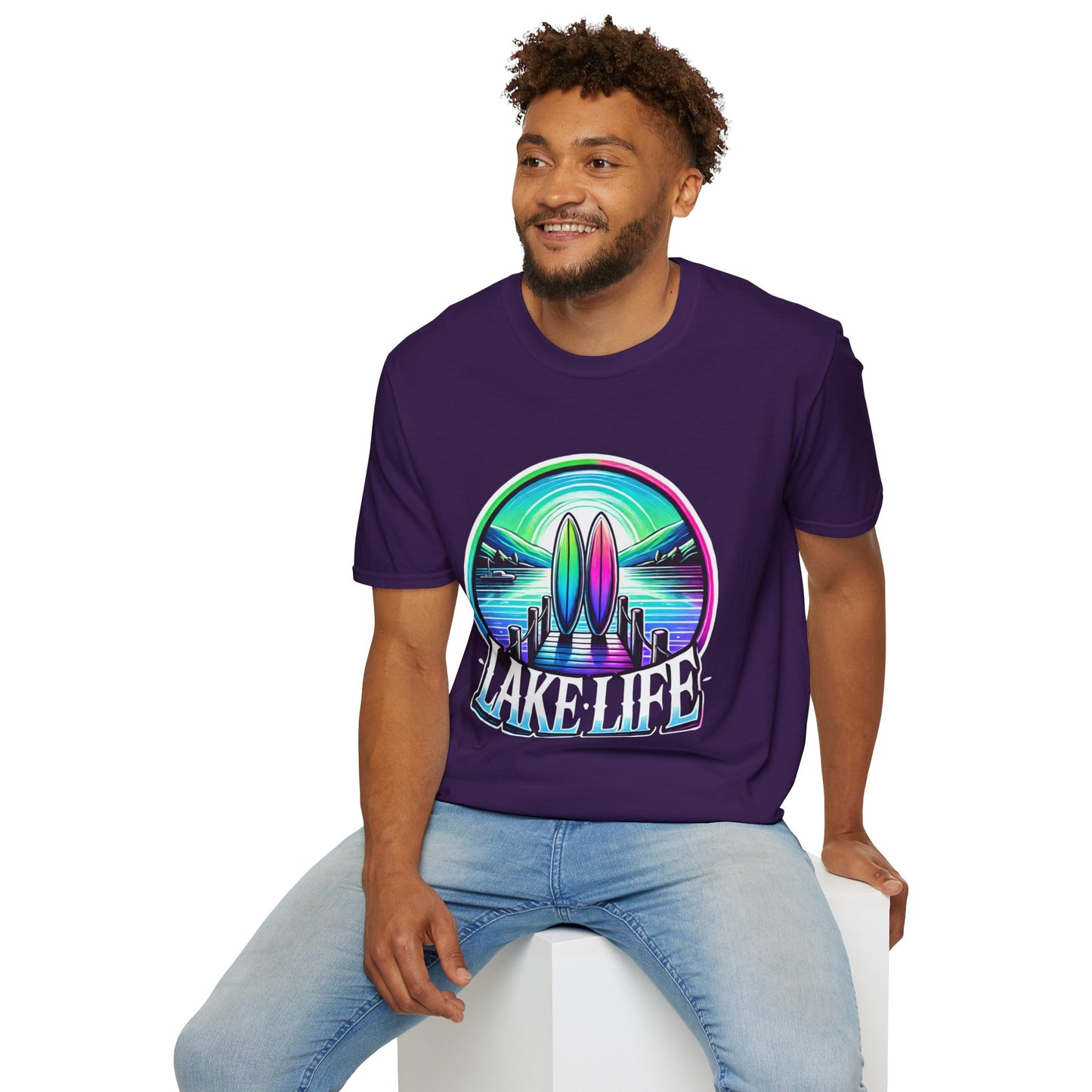 Man wearing Lake Life graphic tee with jeans