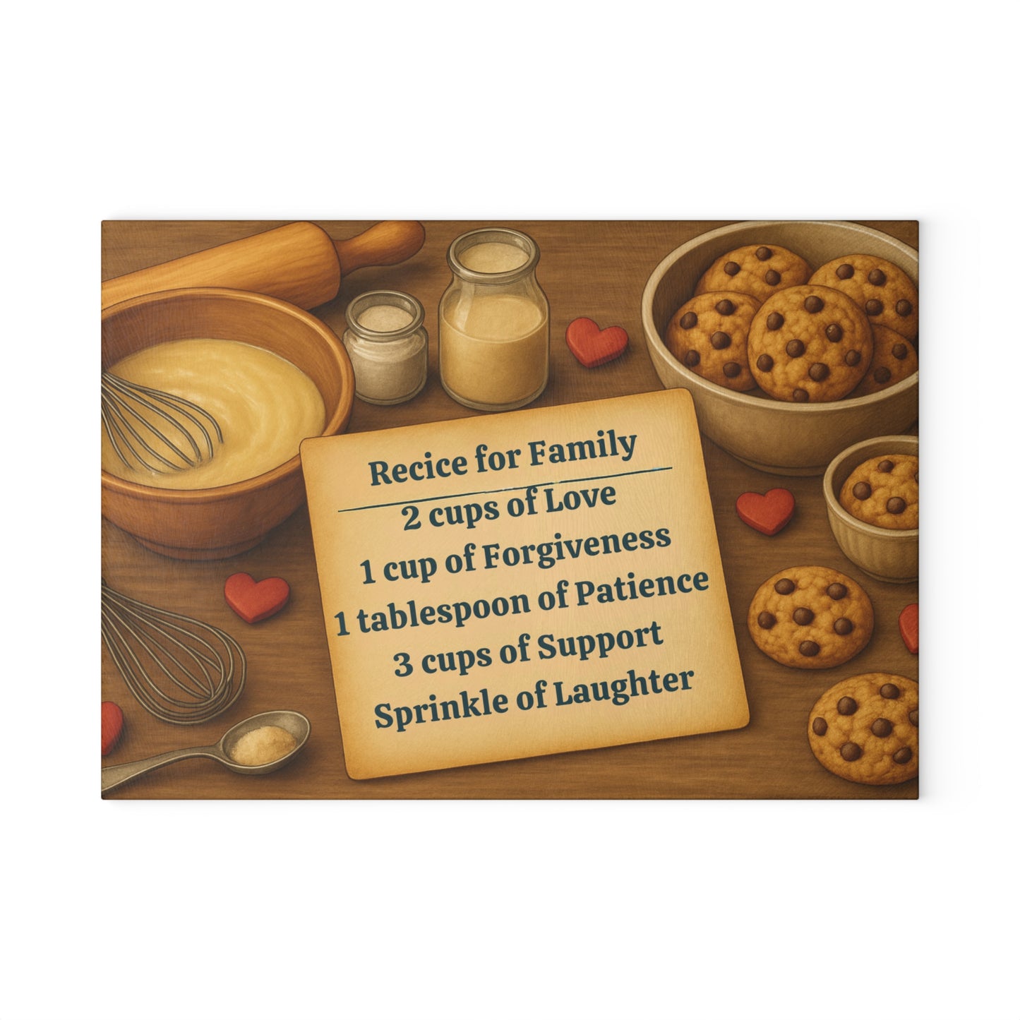 Tempered glass cutting board with kitchen quote and illustrated utensils