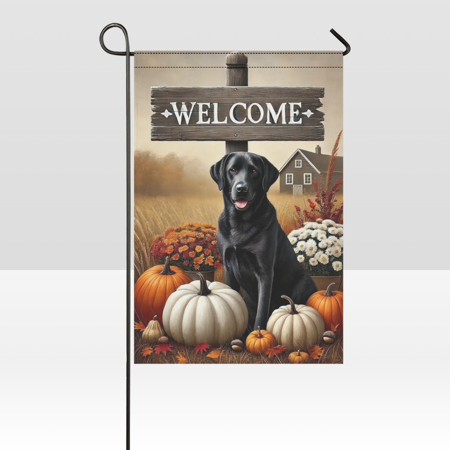 Fall Welcome Garden Flag Black Labrador-Autumn Pumpkins & Florals