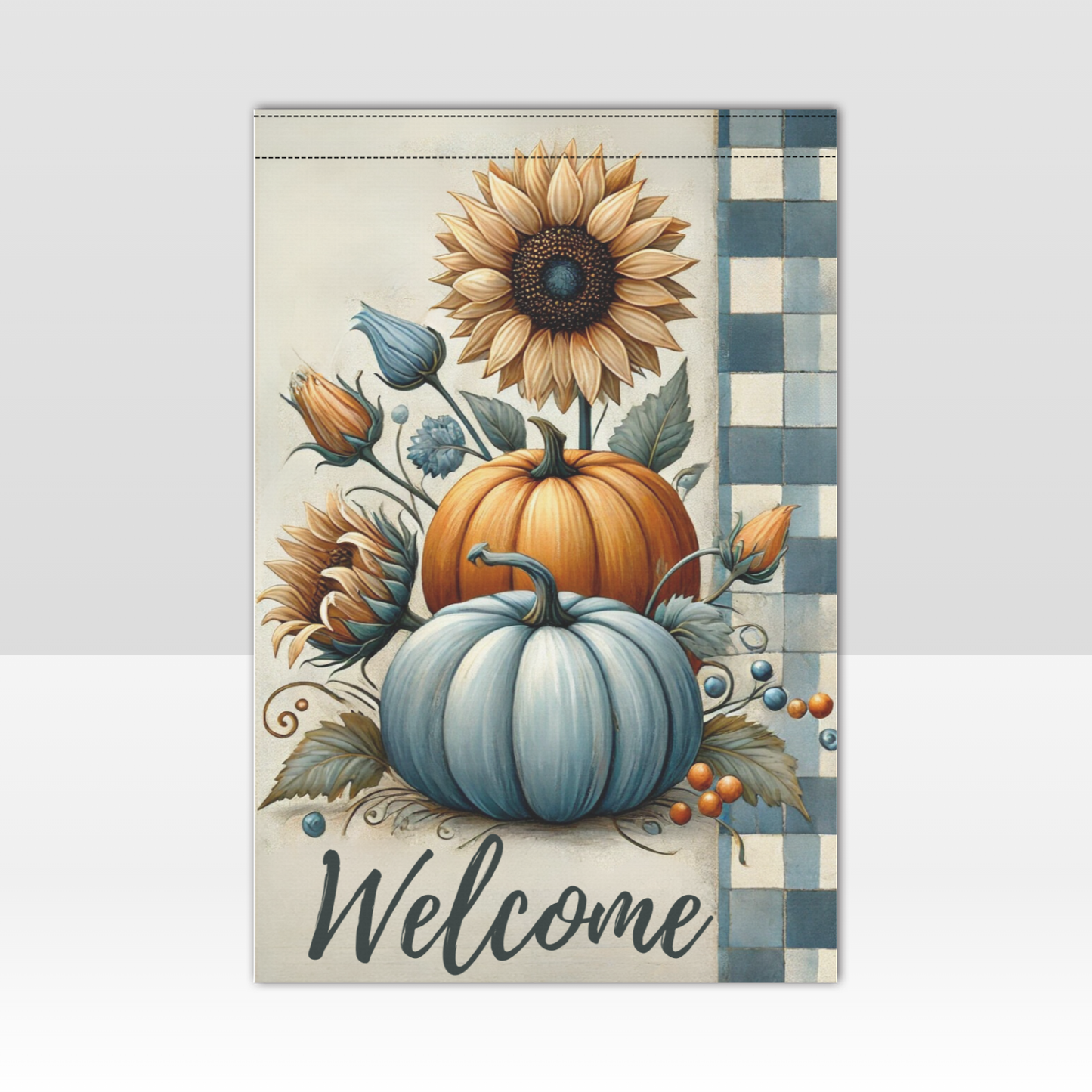Blue Pumpkin & Sunflower Garden Flag – Rustic Fall Porch Décor with Buffalo Check Border