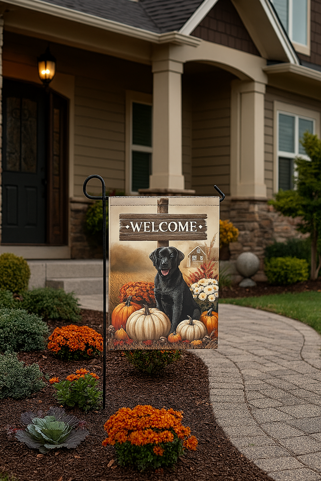 Fall Welcome Garden Flag Black Labrador-Autumn Pumpkins & Florals