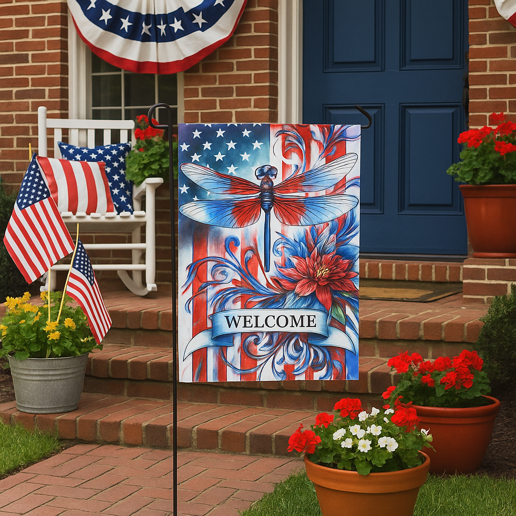 Patriotic Dragonfly Garden Flag – Red White Blue Welcome Flag for 4th of July & Summer Décor