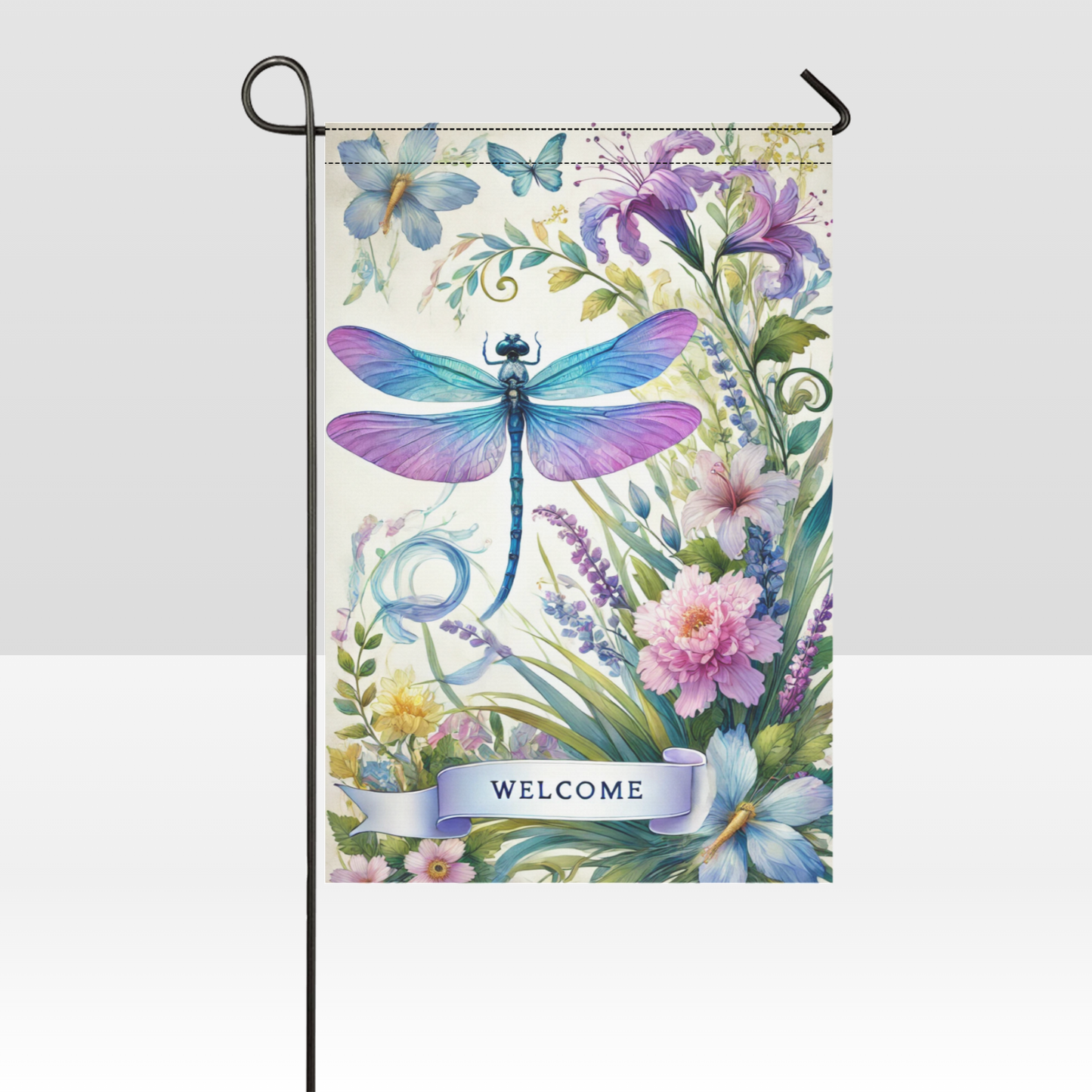 Purple dragonfly floral garden flag