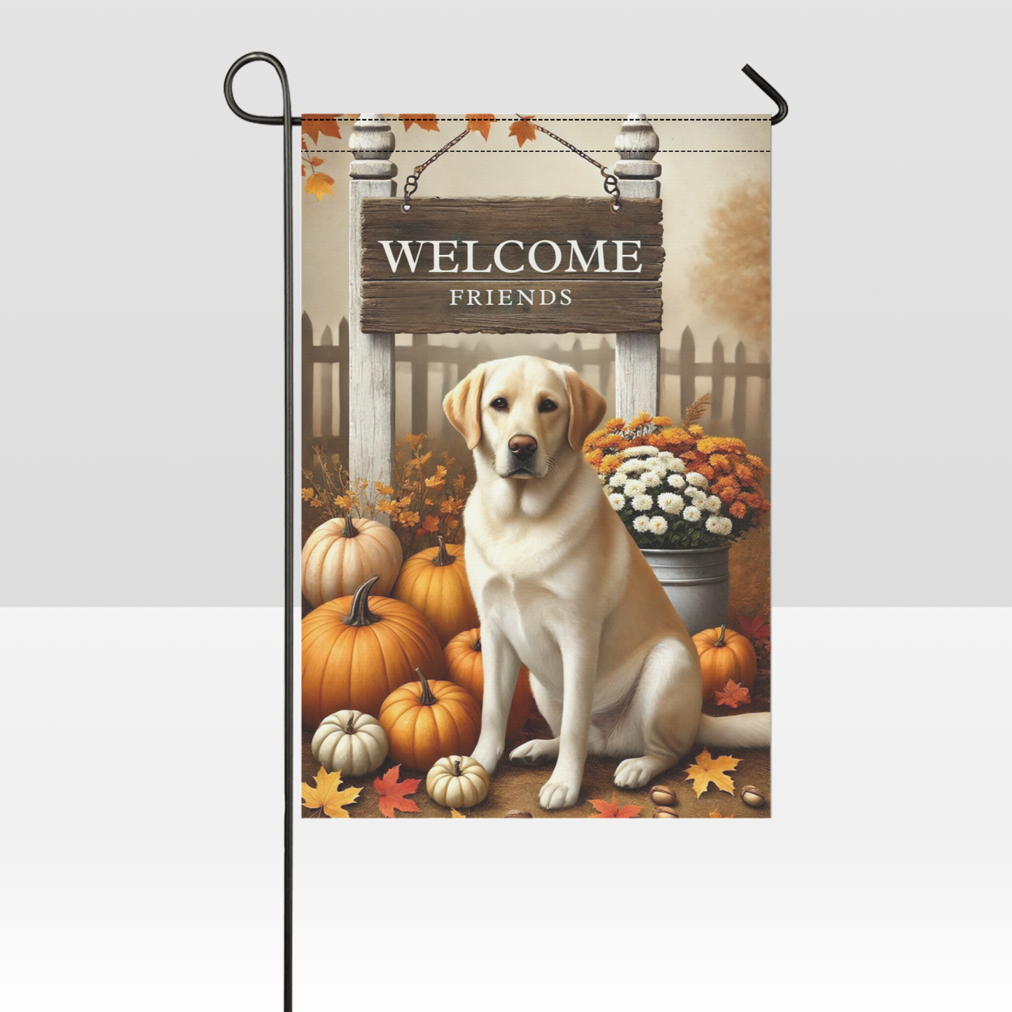 Fall Welcome Garden Flag Yellow Labrador-Autumn Pumpkins & Florals Outdoor Decor