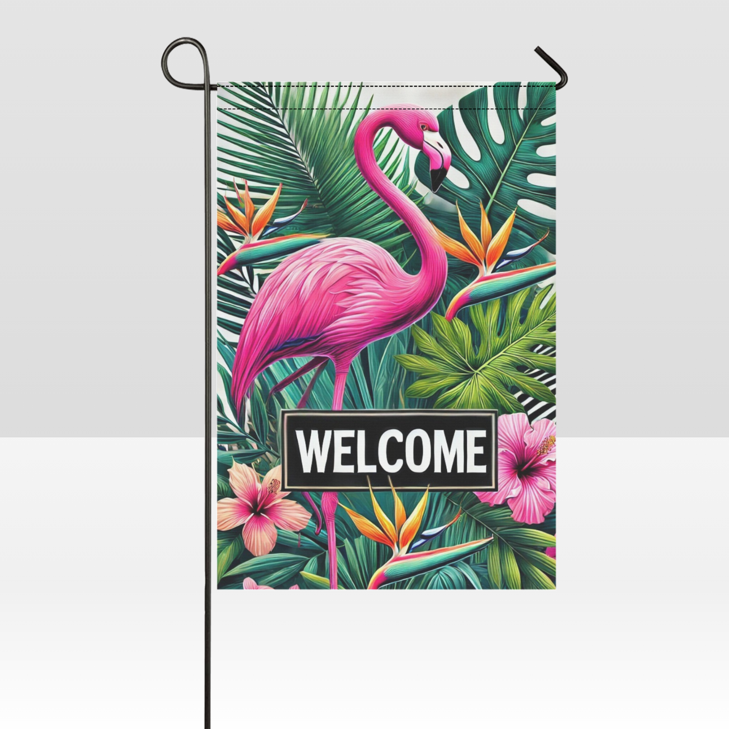 Tropical Grace Welcome – Flamingo Garden Flag with Lush Tropical Florals