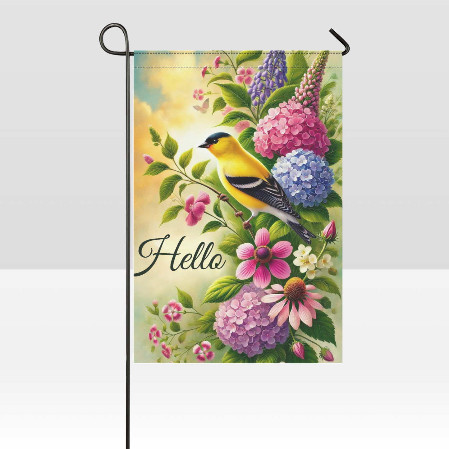 Golden Bloom Hello - Spring Garden Flag with Goldfinch