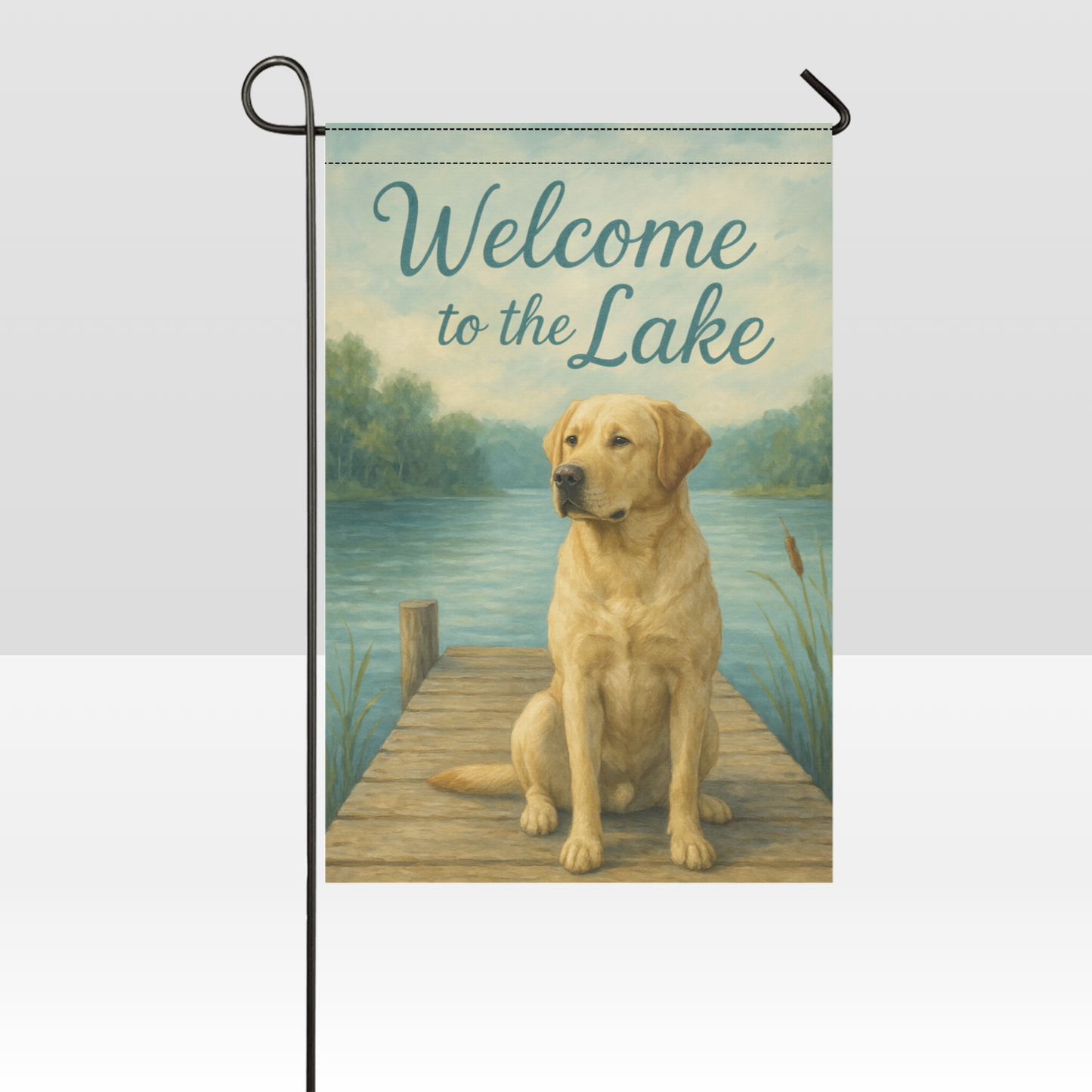 Welcome to the Lake Garden Flag – Yellow Lab on Dock | Peaceful Outdoor Dog Lover Décor