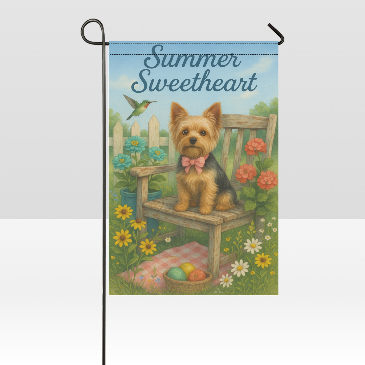 Summer Sweetheart Garden Flag – Yorkshire Terrier with Flowers & Hummingbird | Cute Summer Dog Décor
