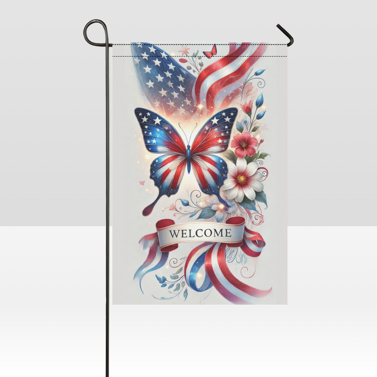 Patriotic Butterfly Welcome Garden Flag – Red White & Blue Floral Porch Decor