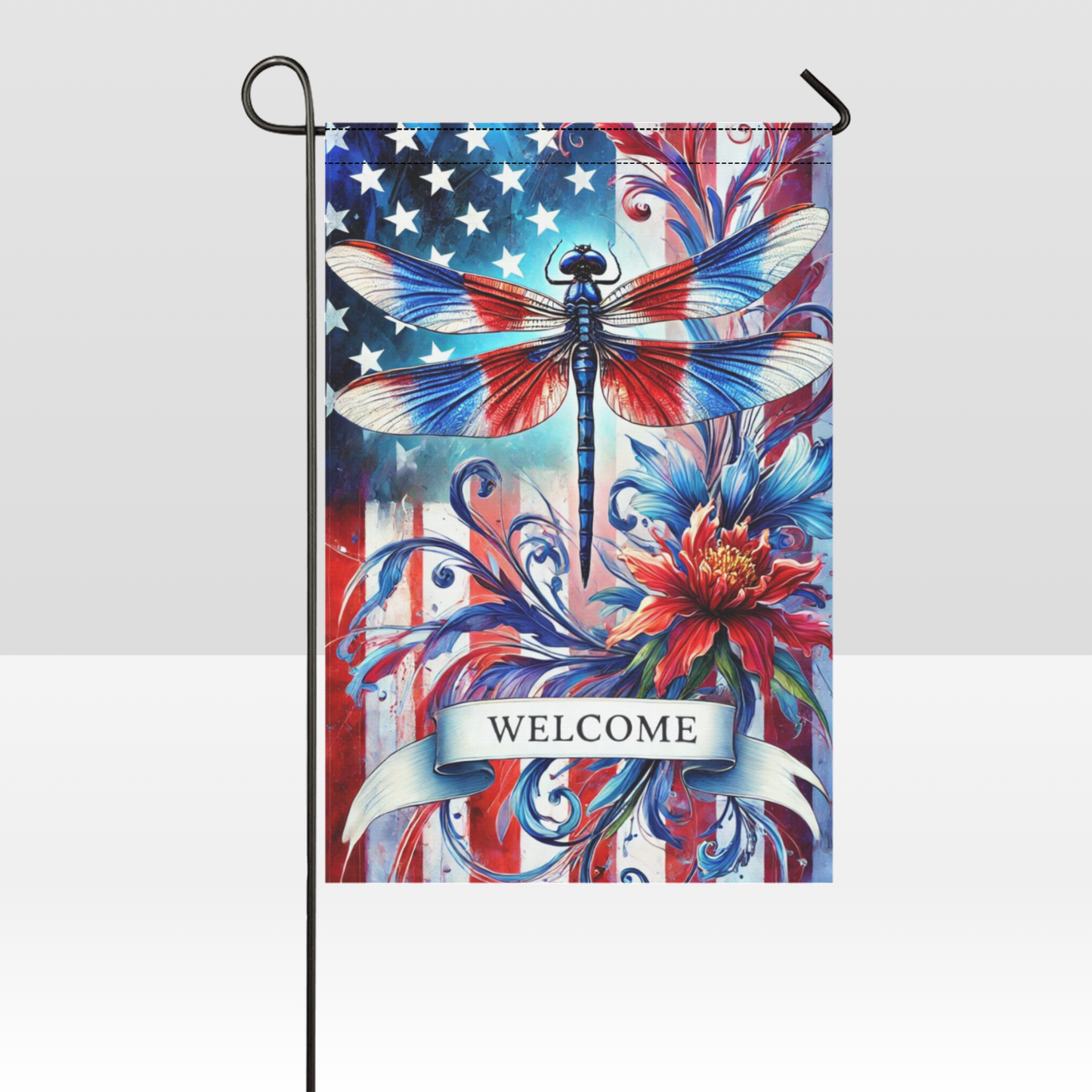 Liberty Wings Welcome – Patriotic Dragonfly Garden Flag