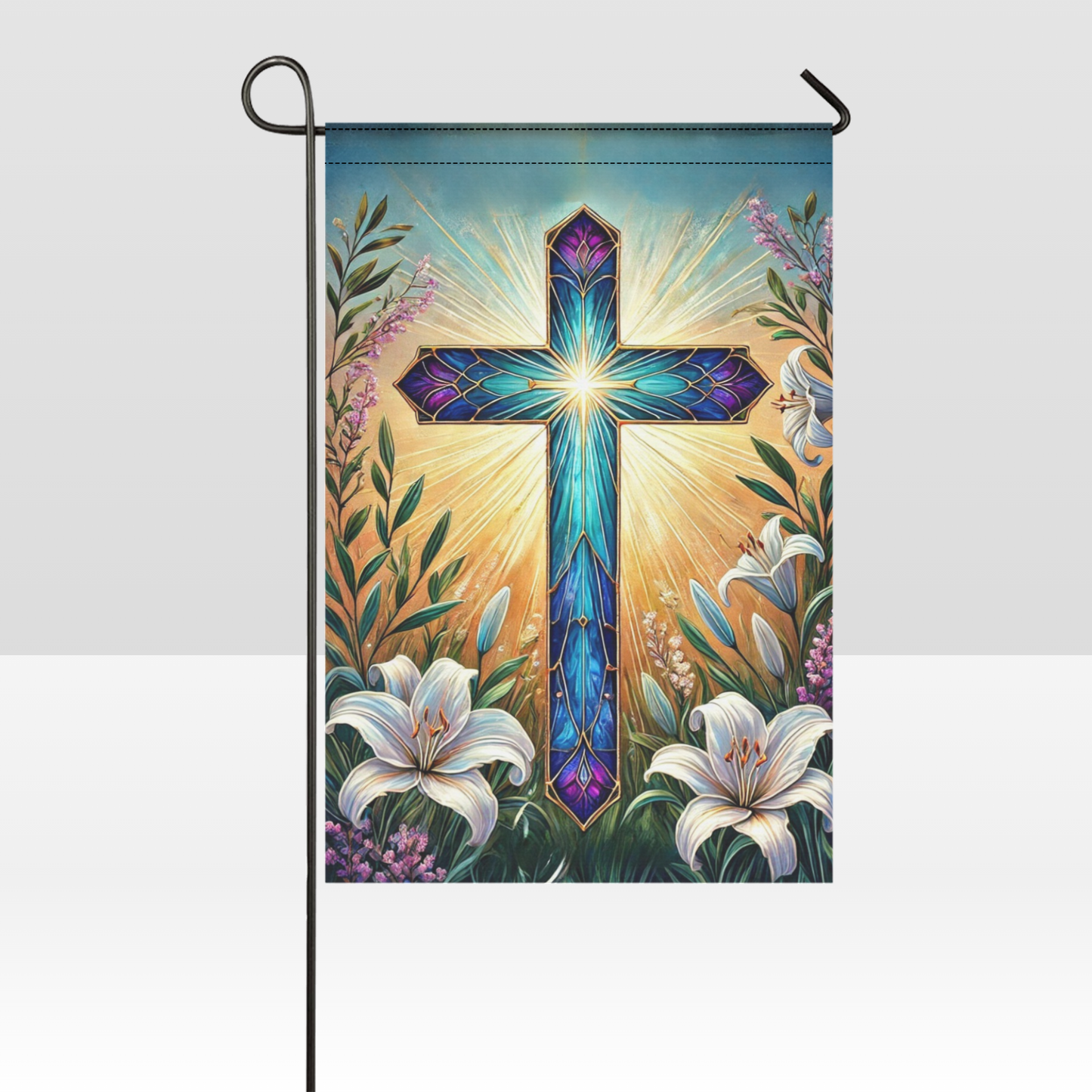 Grace Upon Grace - Blue Stained Glass Cross Garden Flag