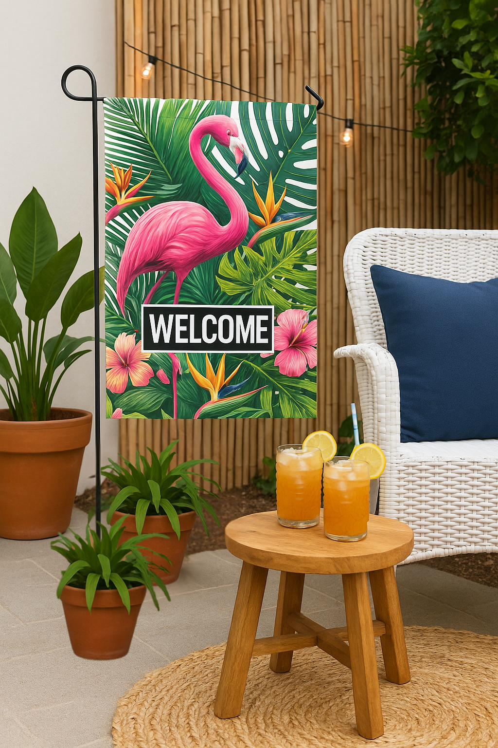 Flamingo Welcome Garden Flag – Tropical Summer Porch Décor with Bright Hibiscus & Palm Leaves