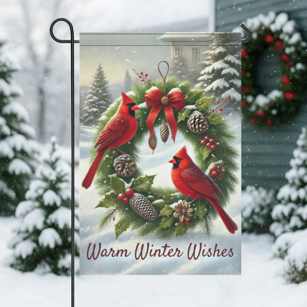 Warm Winter Wishes Cardinal Garden Flag – 12"x18" Double-Sided Winter Yard Flag – Red Cardinals & Wreath