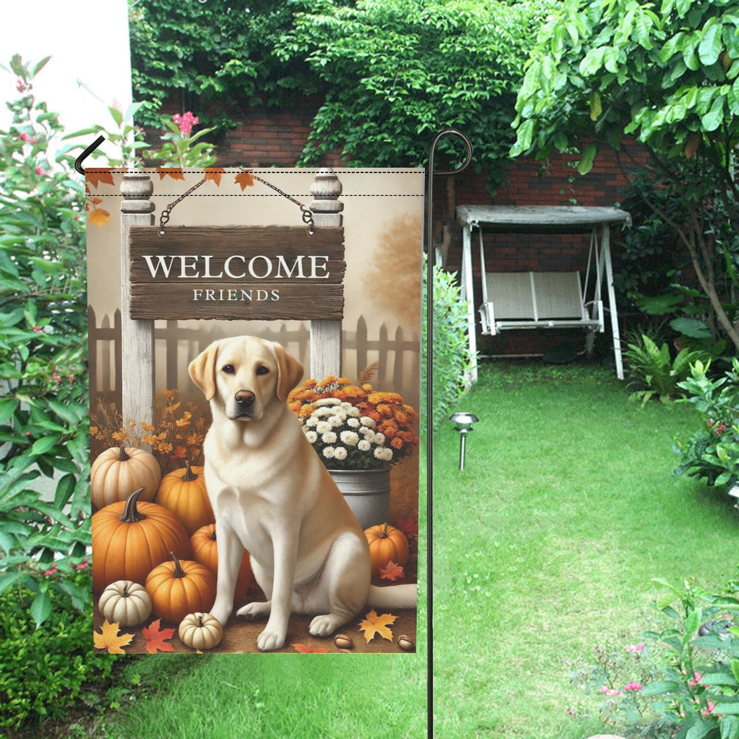 Fall Welcome Garden Flag Yellow Labrador-Autumn Pumpkins & Florals Outdoor Decor