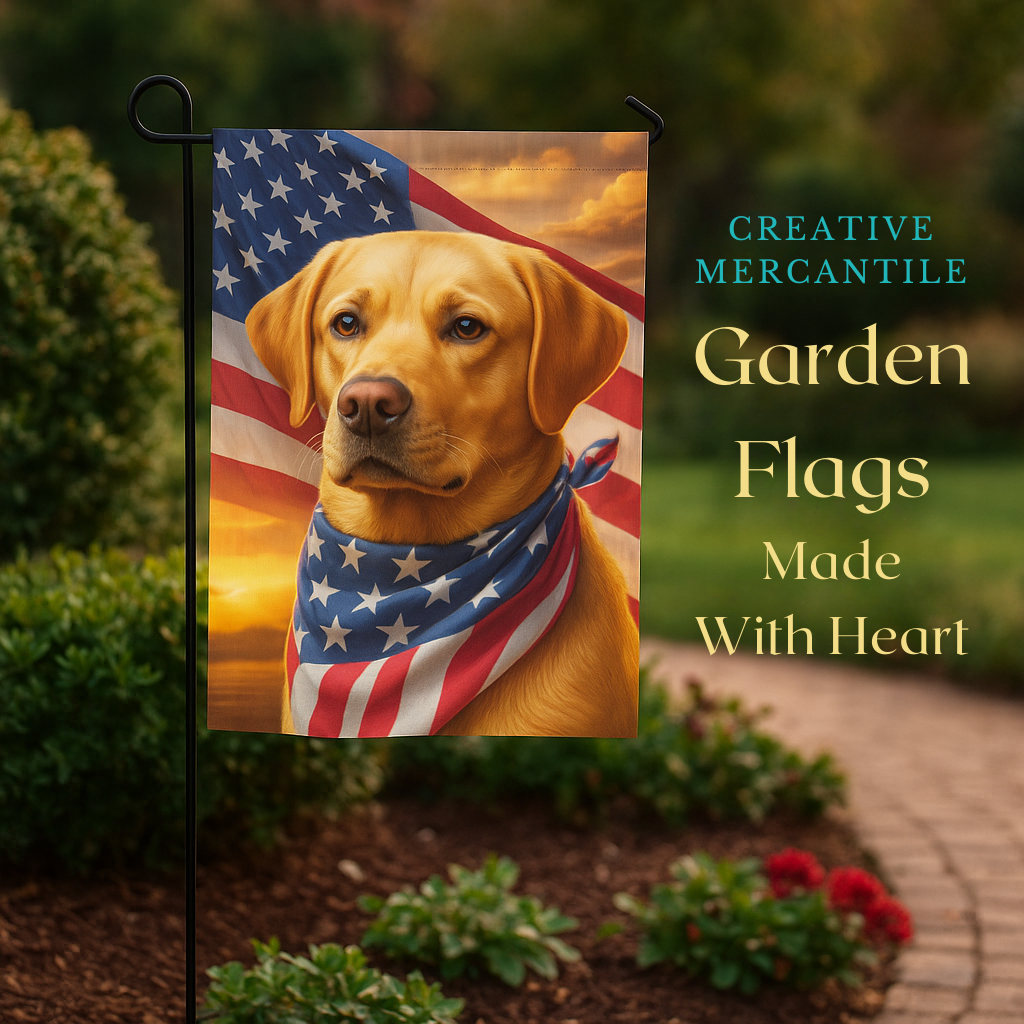 Assorted garden flags made with heart, including seasonal themes, pet designs, and uplifting welcome messages for every outdoor space