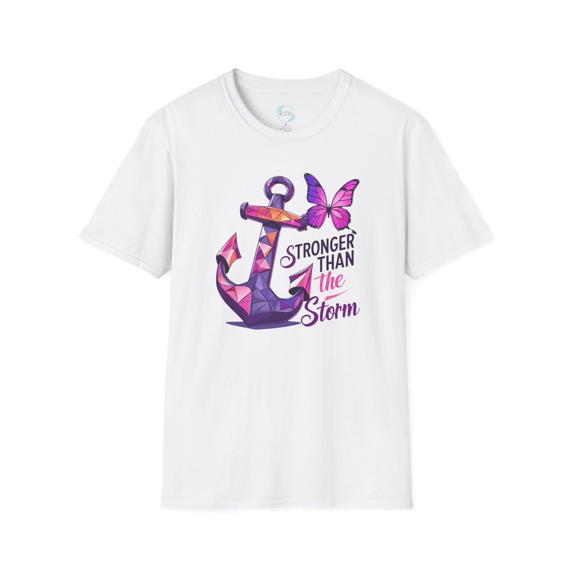 Close up of Stronger Than The Storm Cancer Awareness shirt with anchor and butterfly