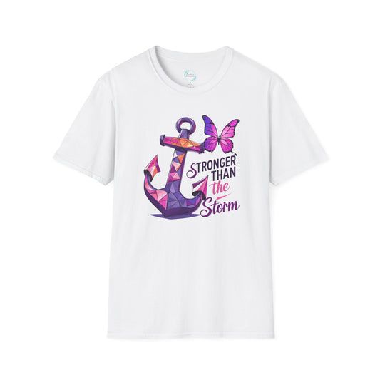 Close up of Stronger Than The Storm Cancer Awareness shirt with anchor and butterfly