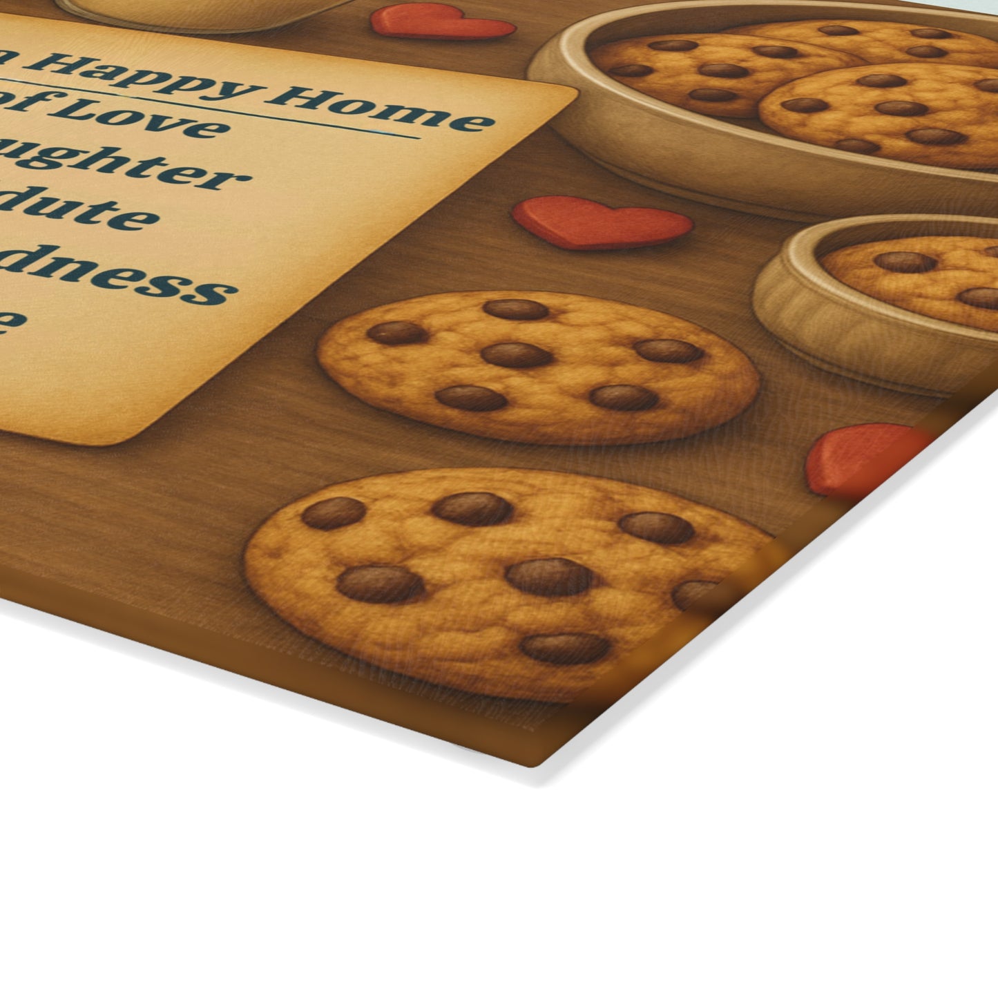 Up close view of Recipe for Happy home glass cutting board