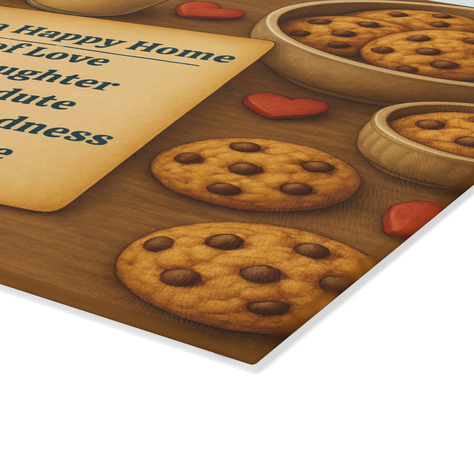 Up close view of Recipe for Happy home glass cutting board