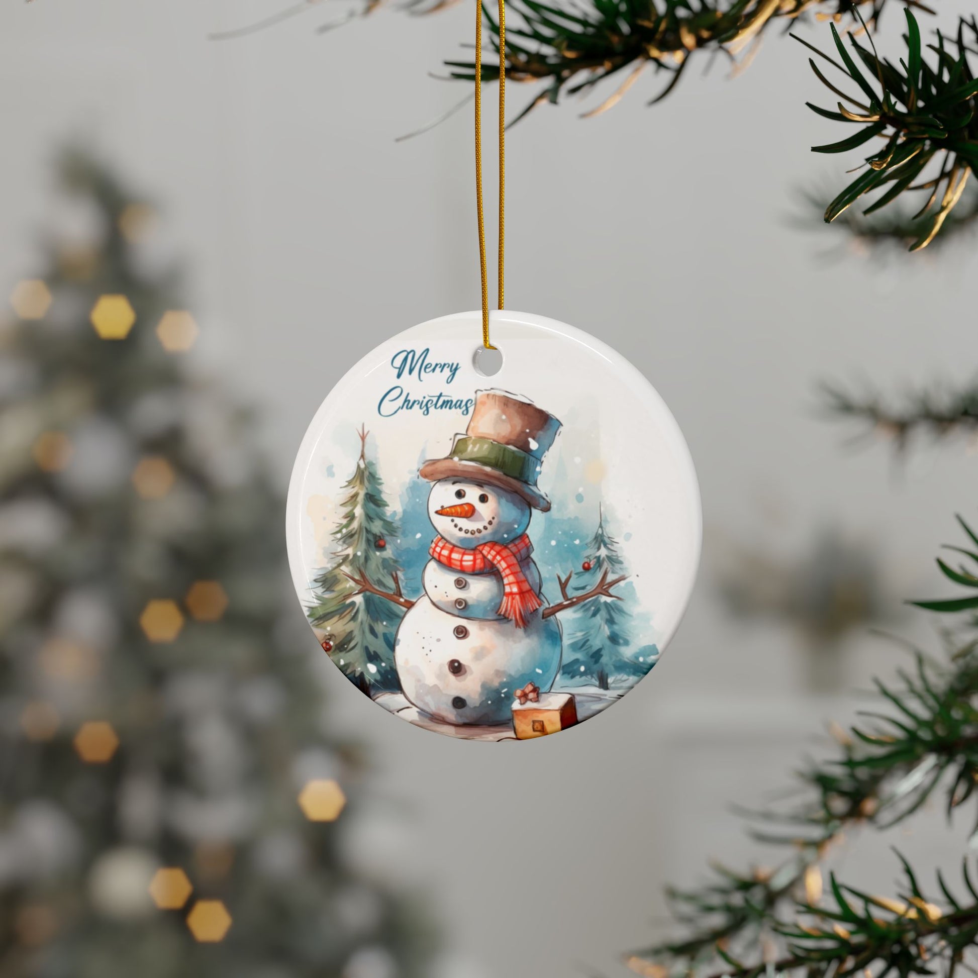 Merry Christmas Snowman ceramic ornament