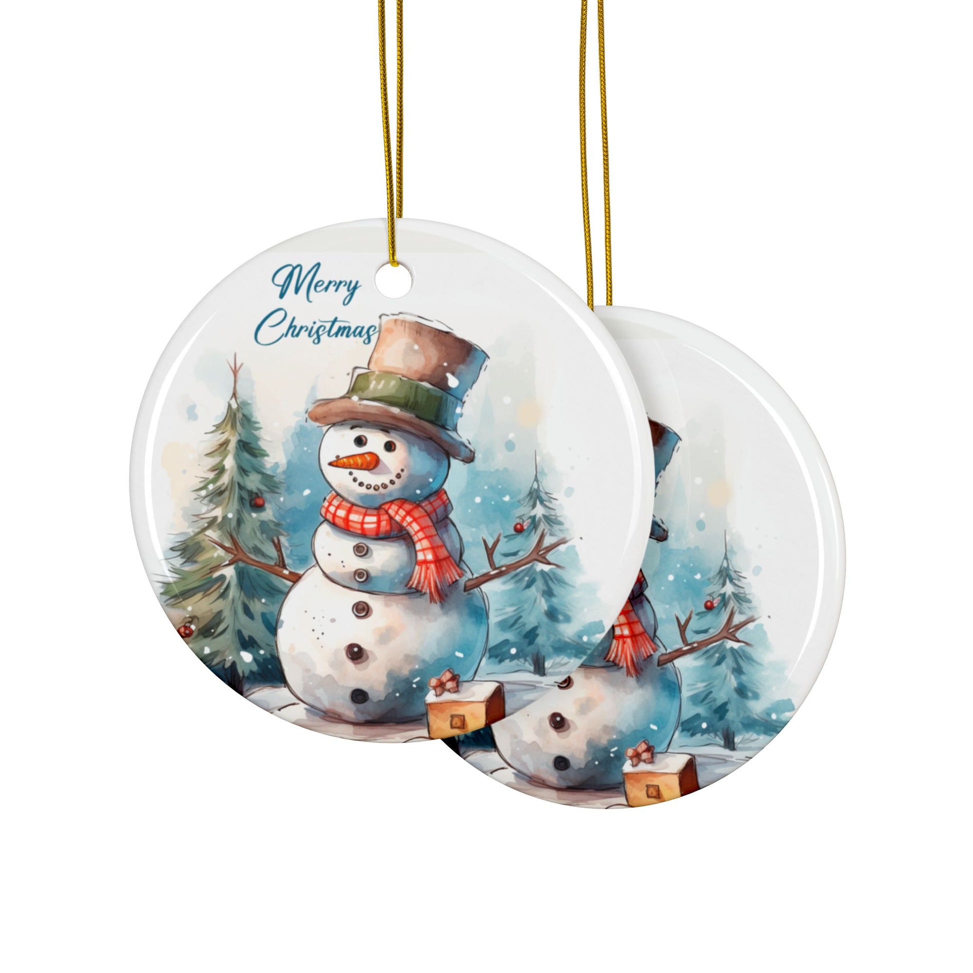 Merry Christmas Snowman ceramic ornament