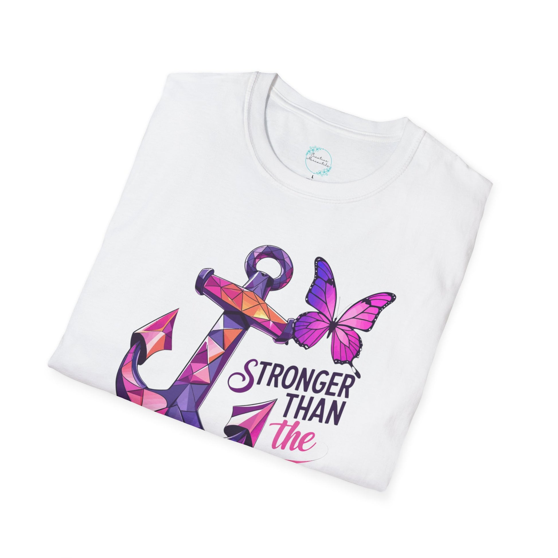 Close up of Stronger Than The Storm Cancer Awareness shirt with anchor and butterfly