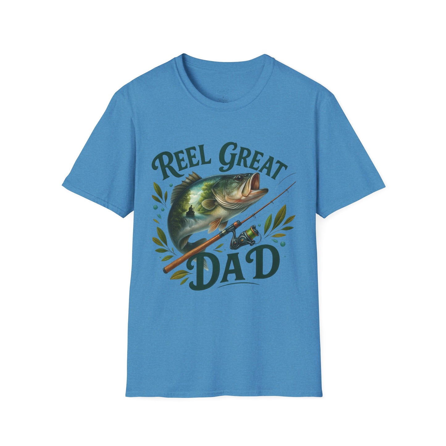Close-up of Reel Great Dad shirt with vintage-style fishing pole illustration