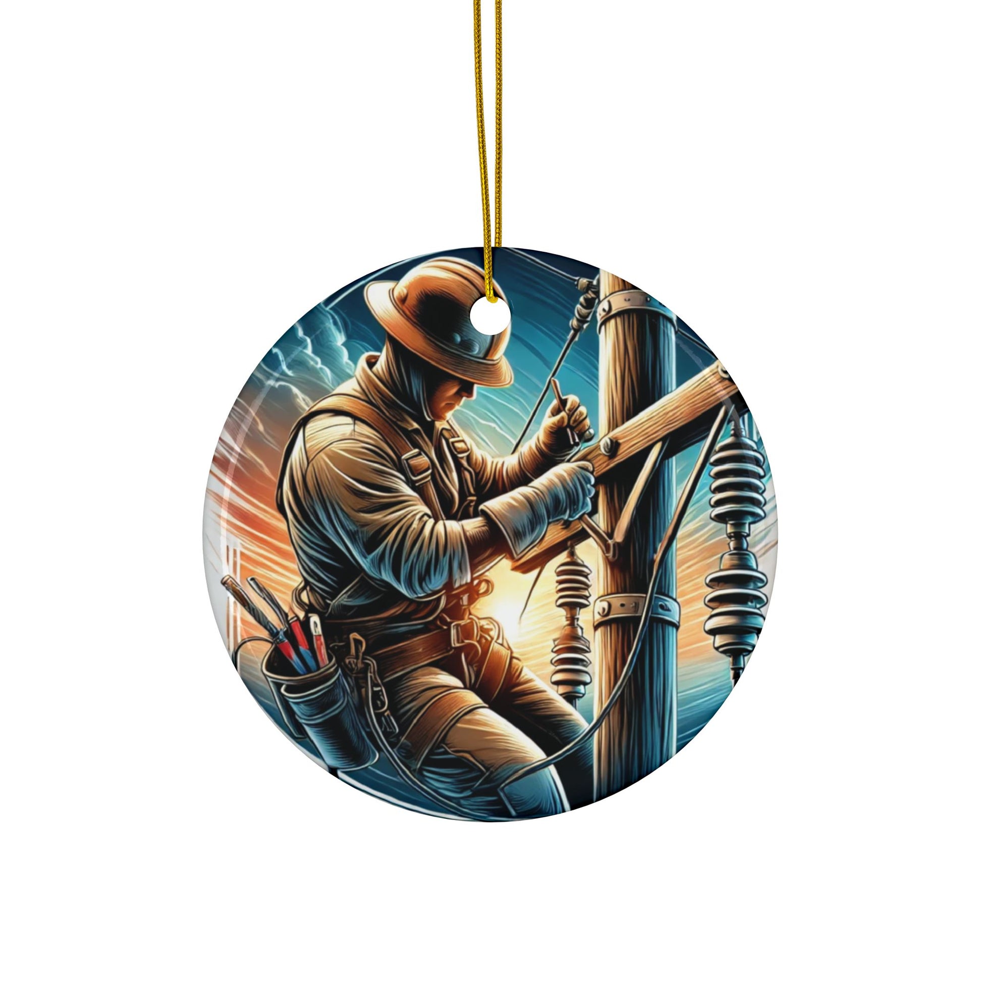 Round ceramic ornament representing our Linemen