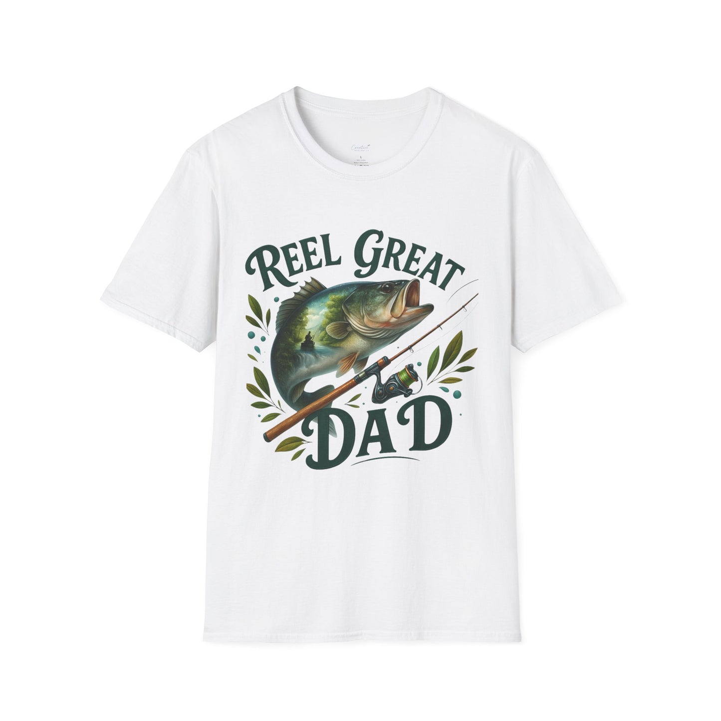 Close-up of Reel Great Dad shirt with vintage-style fishing pole illustration
