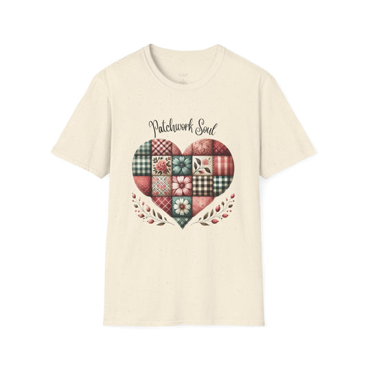 Patchwork Soul T-shirt with colorful stitched heart graphic