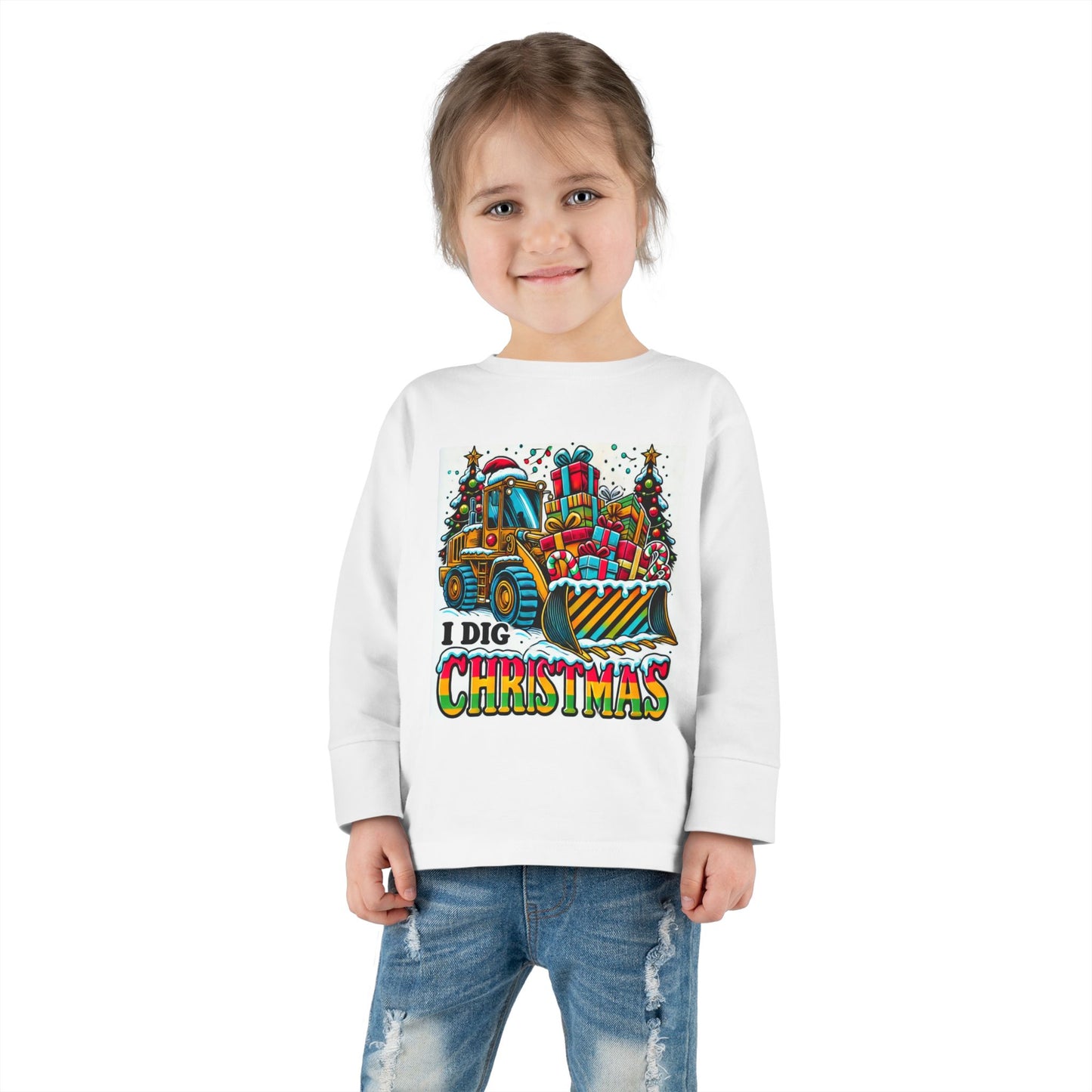 Toddler shirt with a bulldozer and text I dig Christmas design