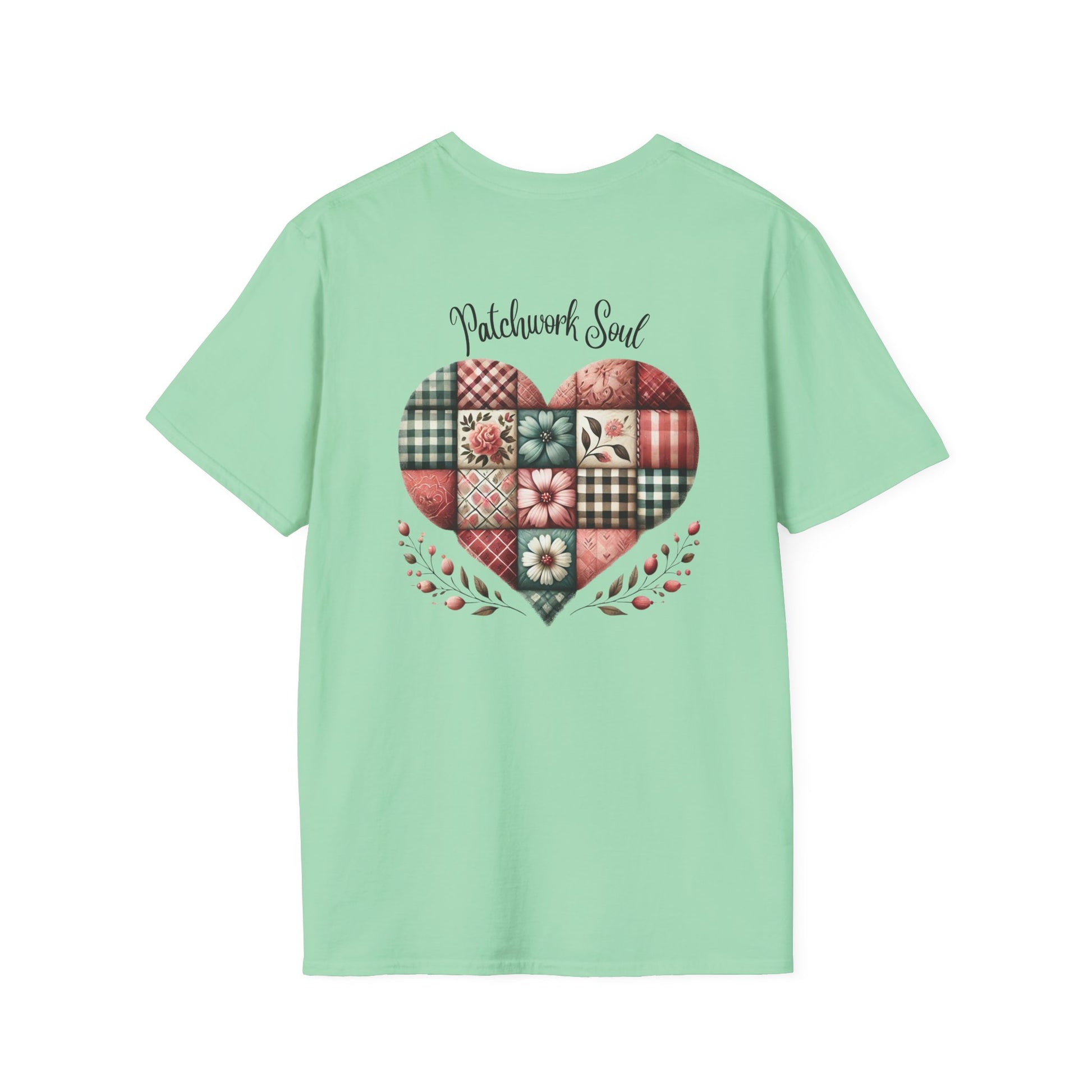 Patchwork Soul T-shirt with colorful stitched heart graphic