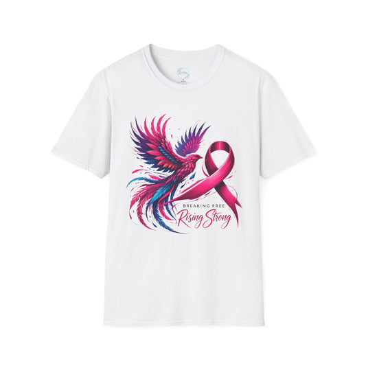Close-up of Rising Strong Cancer Awareness shirt with a phoenix and ribbon