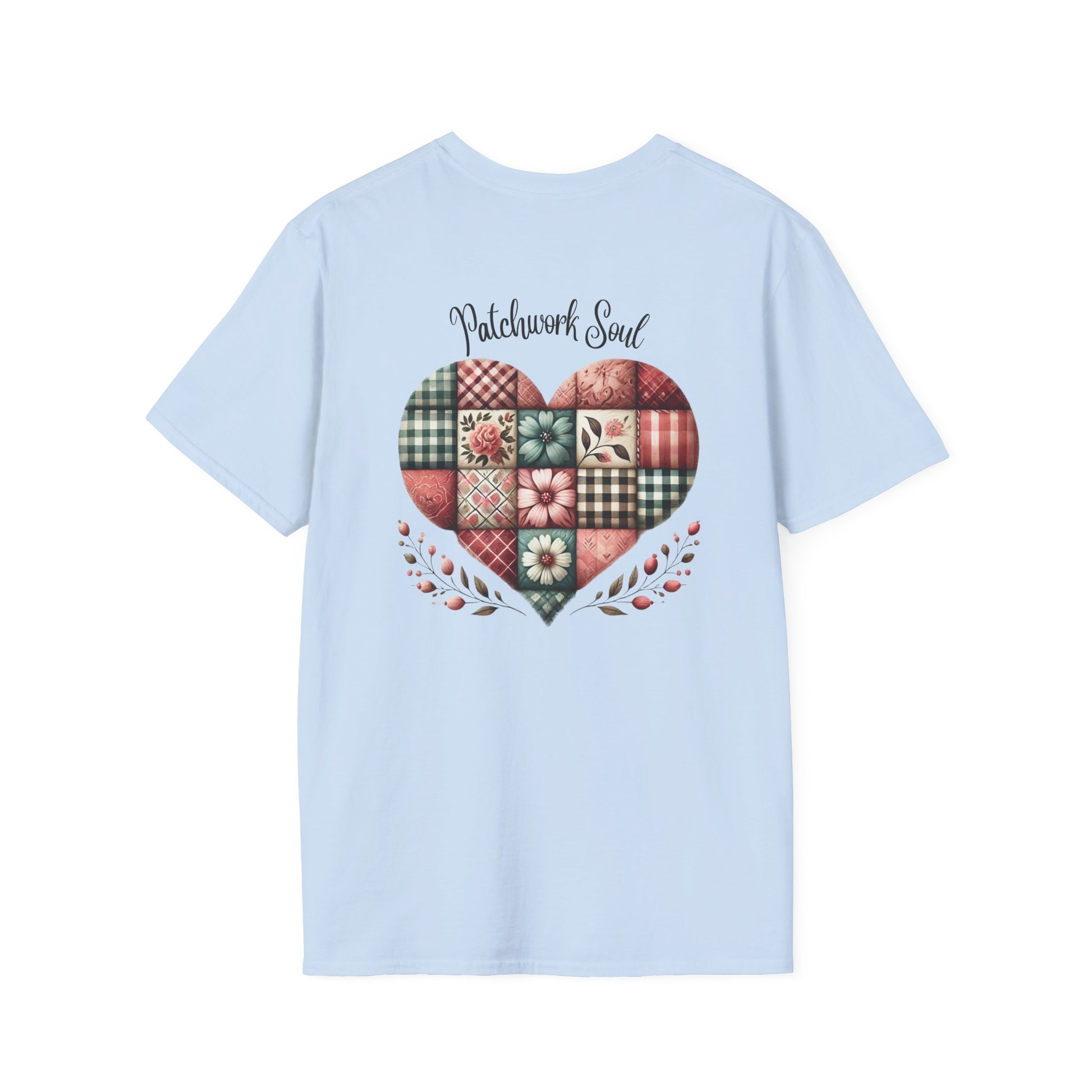 Patchwork Soul T-shirt with colorful stitched heart graphic