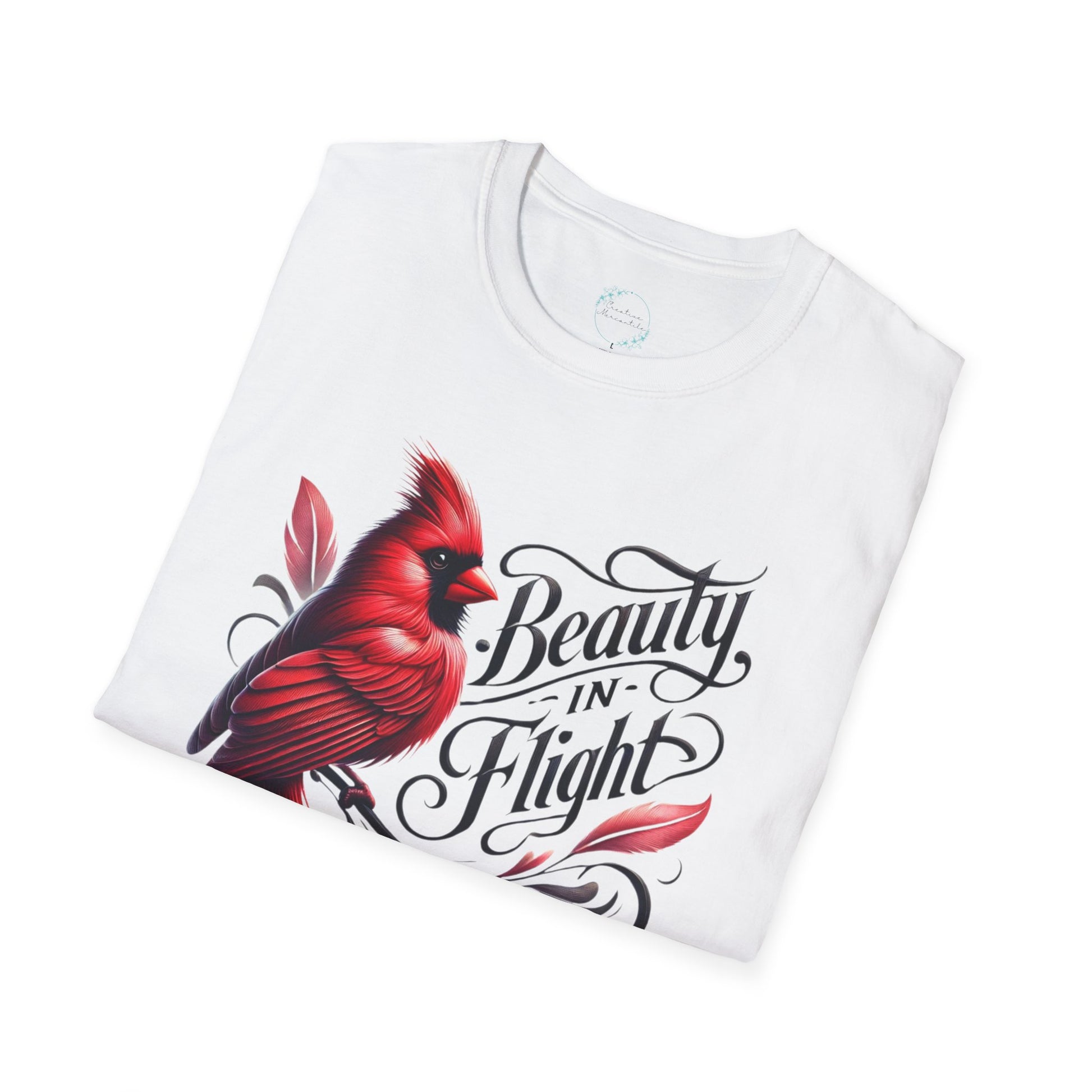 Folded cardinal shirt showing front graphic with artistic red bird